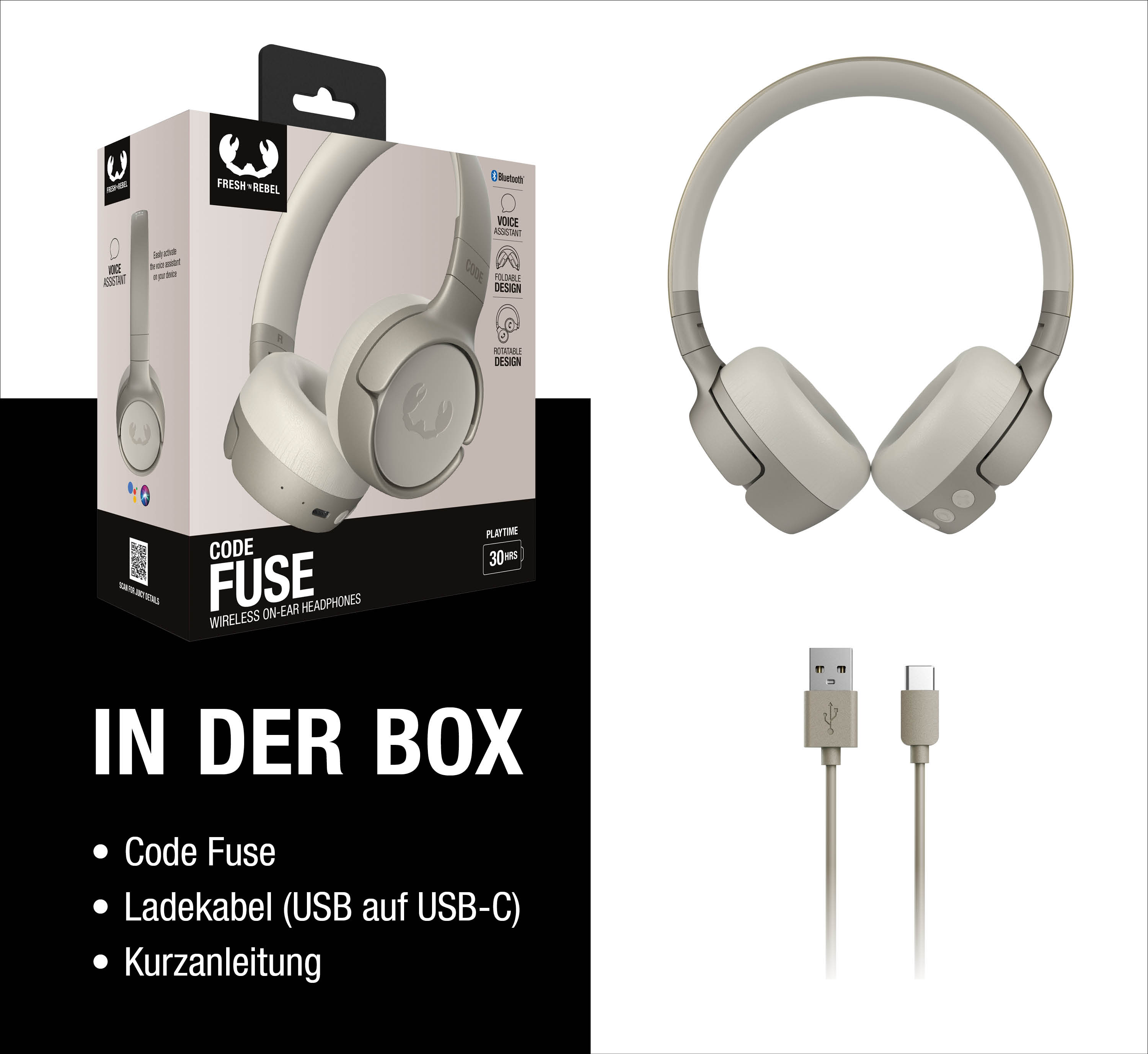Beigefarbene Over-Ear-Kopfhörer mit Ladekabel und Verpackung.