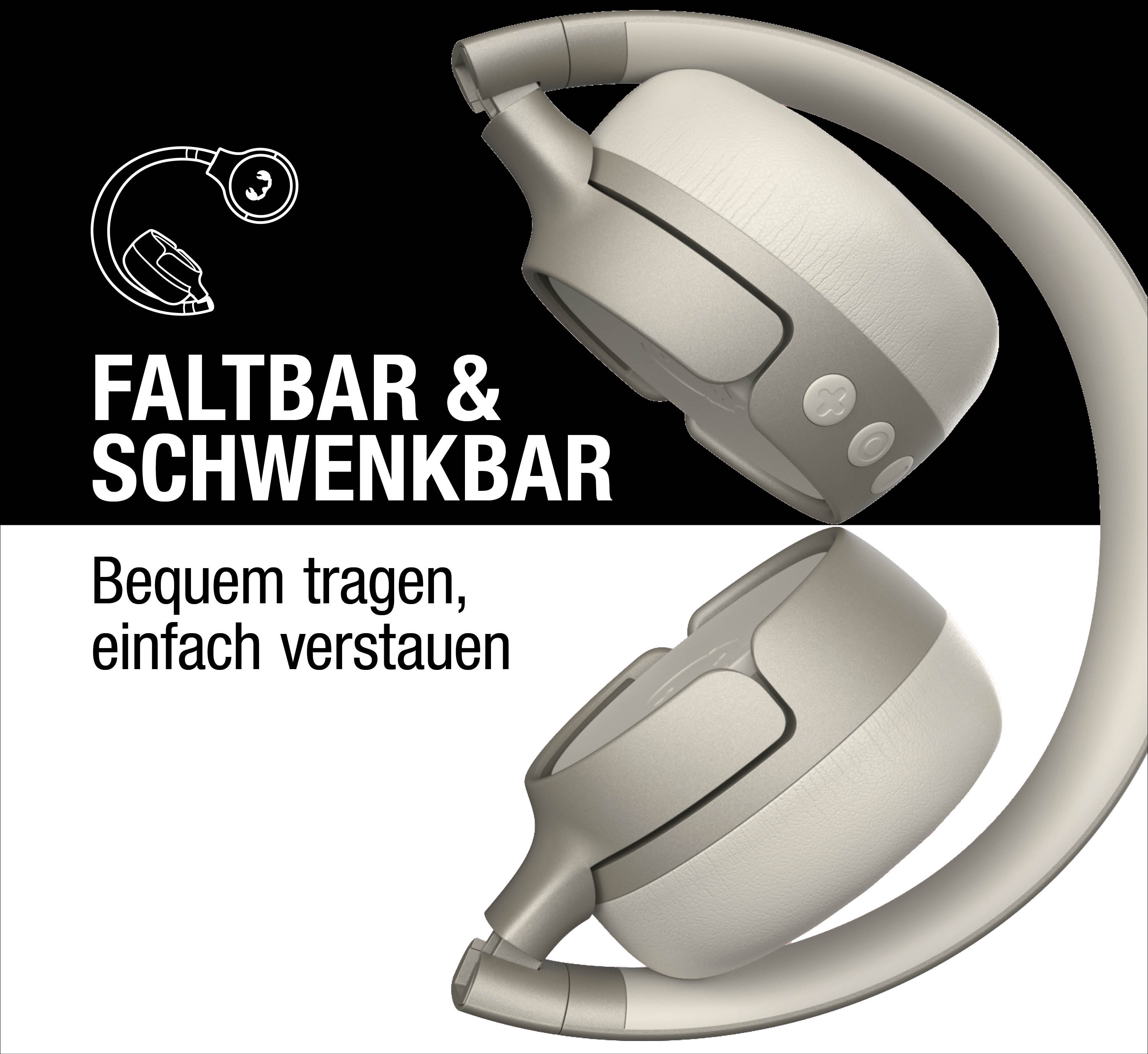 Beige Kopfhörer, faltbar und schwenkbar, mit Bedienelementen.