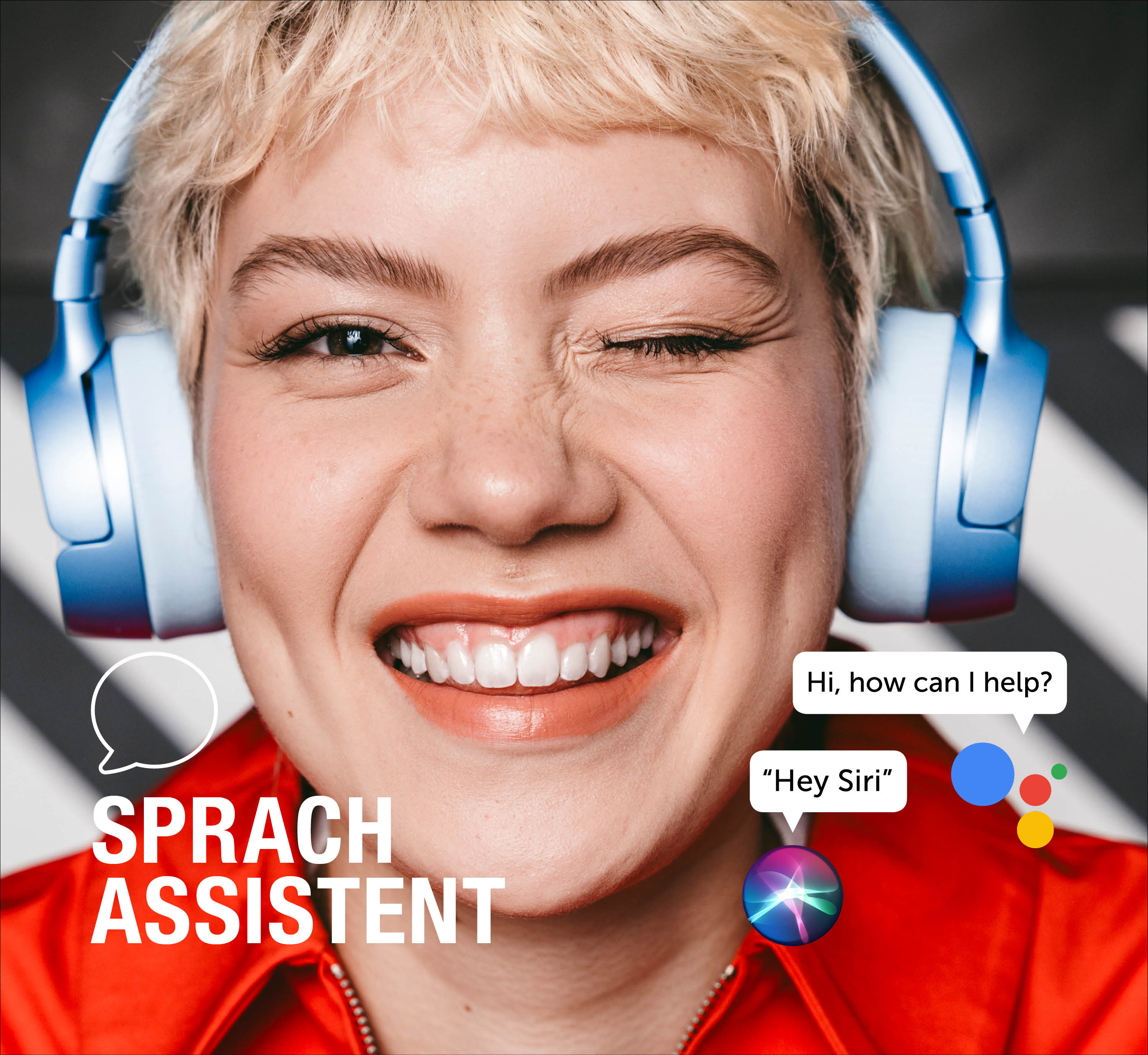 Frau mit Kopfhörern lacht, "Sprachassistent" steht daneben.