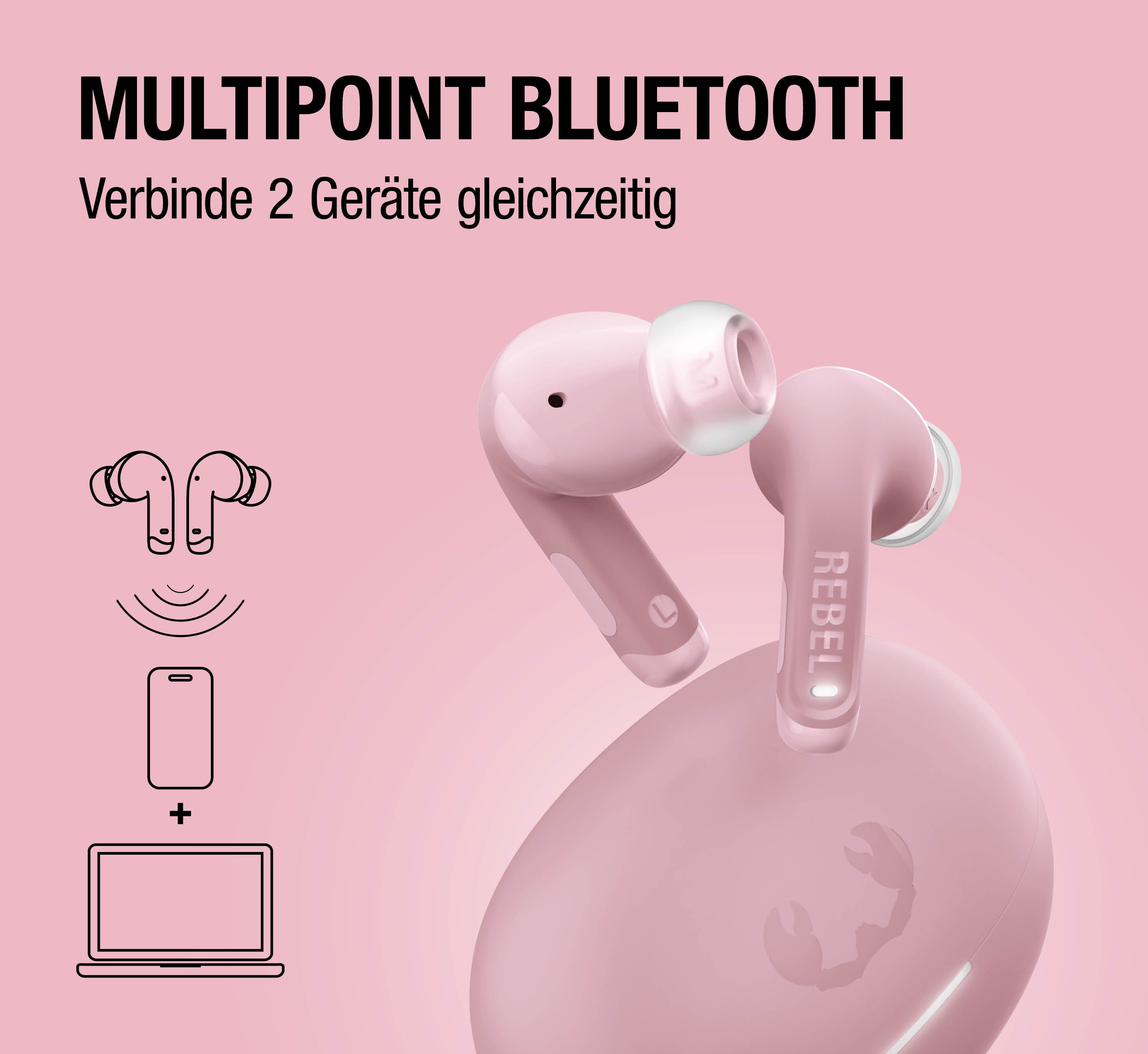 Rosa Kopfhörer mit Ladecase und Verbindungssymbolen für Handy und Laptop.
