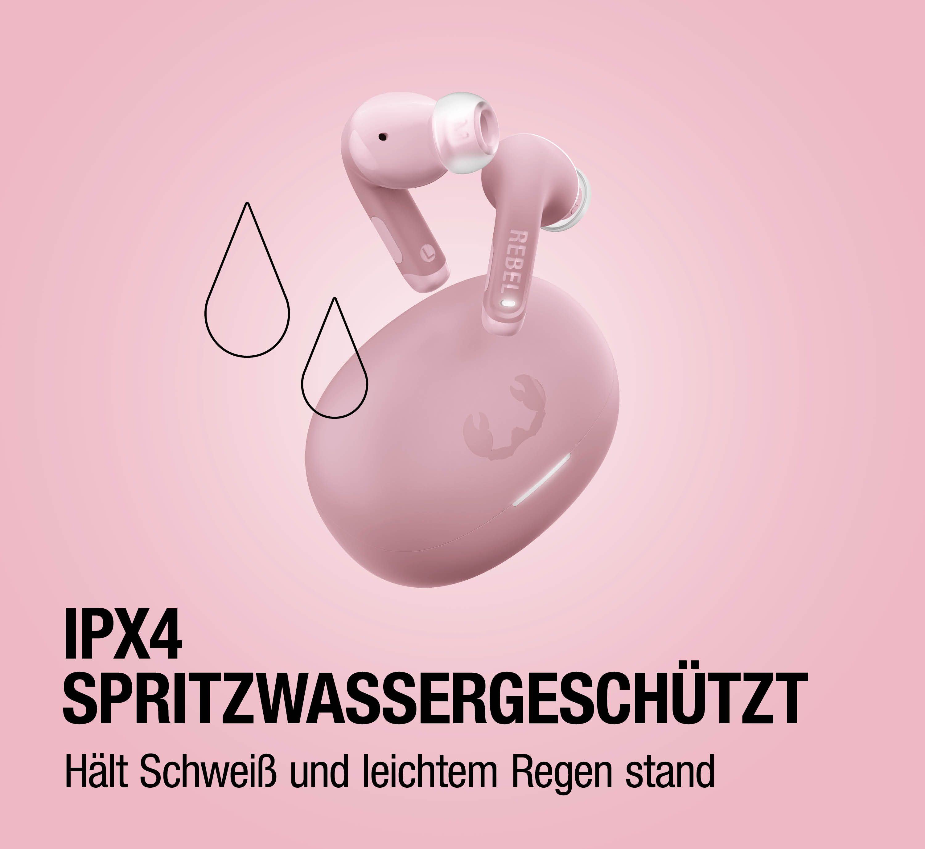 IPX4 spritzwassergeschützt: Hält Schweiß und leichtem Regen stand.