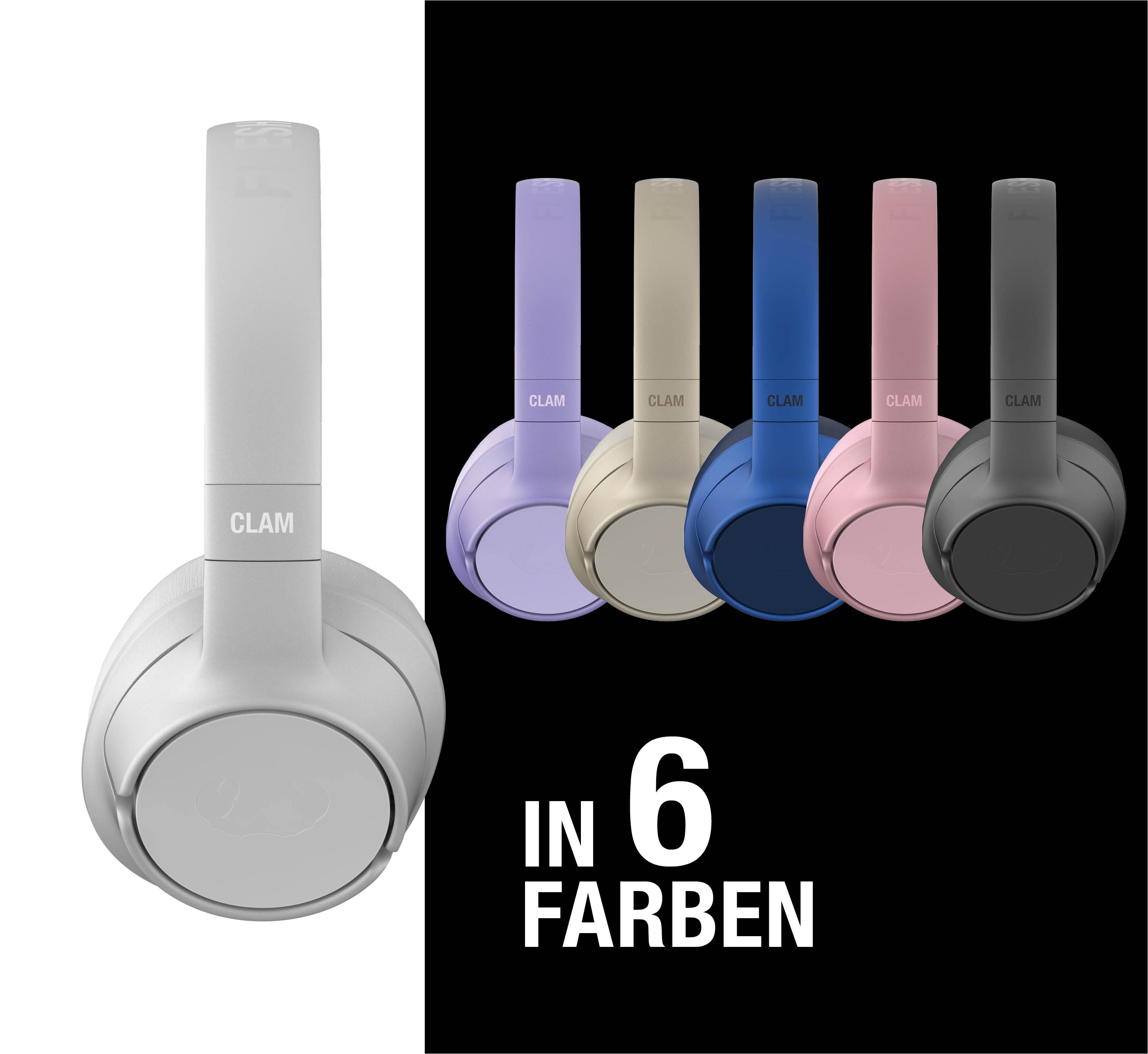Ein weißes Headset links, daneben fünf bunte Headsets.