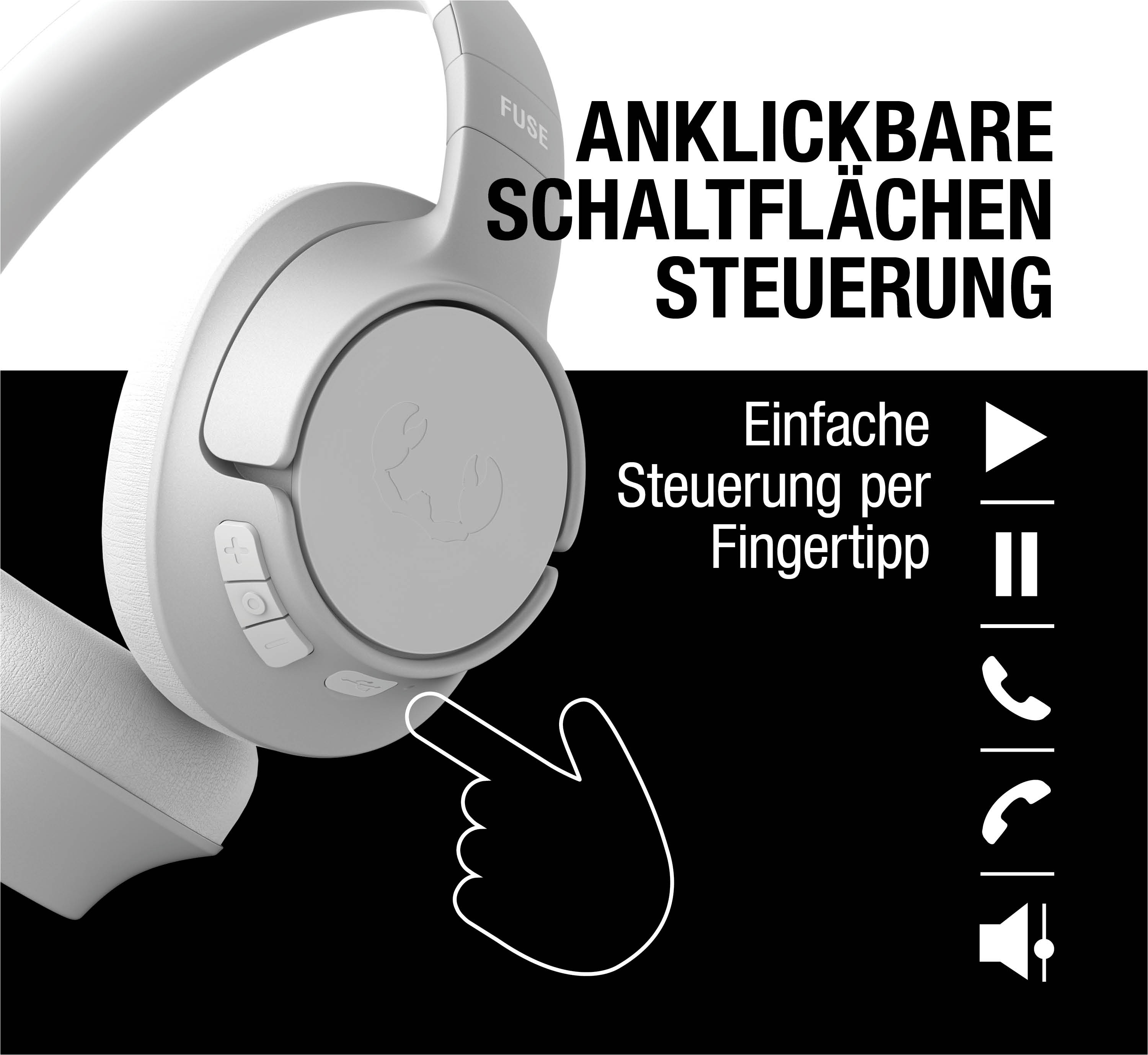 Weiße Kopfhörer mit Touch-Steuerung und Symbolen für Play, Pause, Anruf und Lautstärke.