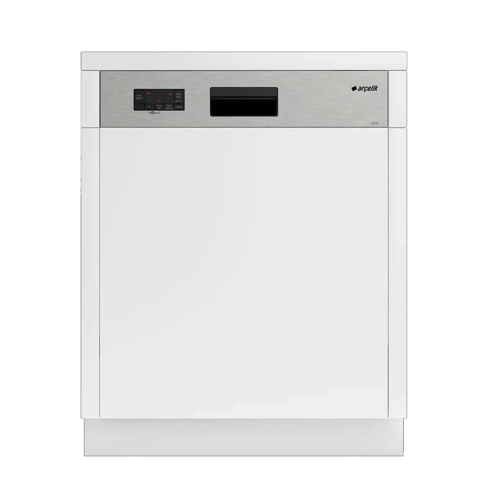 Gümüş kontrol panelli ve dijital ekranlı beyaz Arcelik bulaşık makinesi.