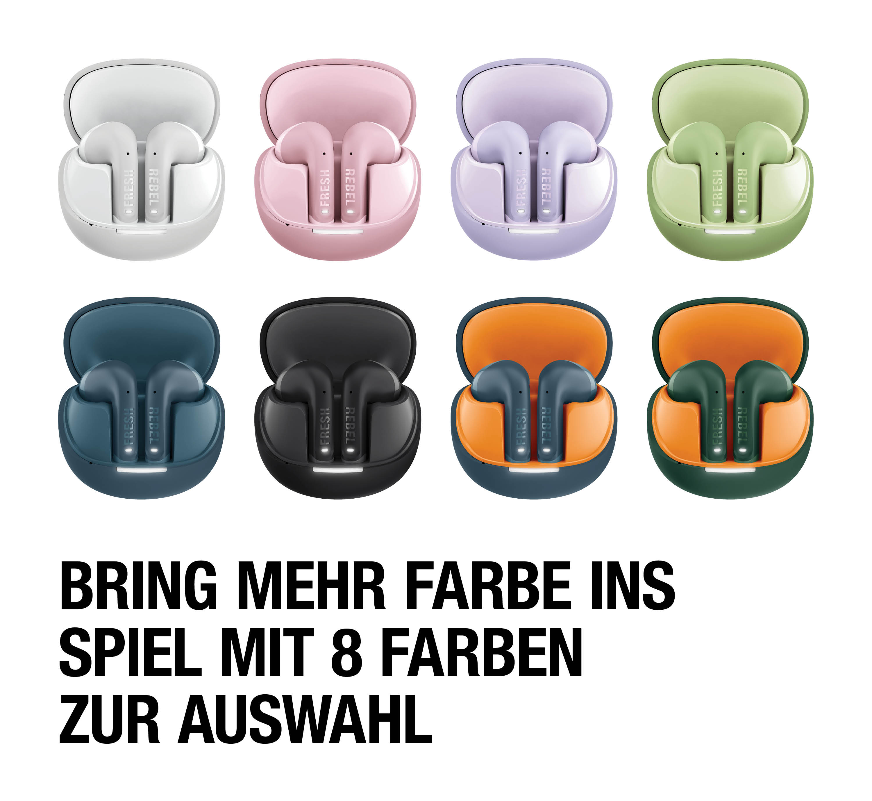 Acht verschiedenfarbige Kopfhörer mit Ladeetuis auf weißem Hintergrund.