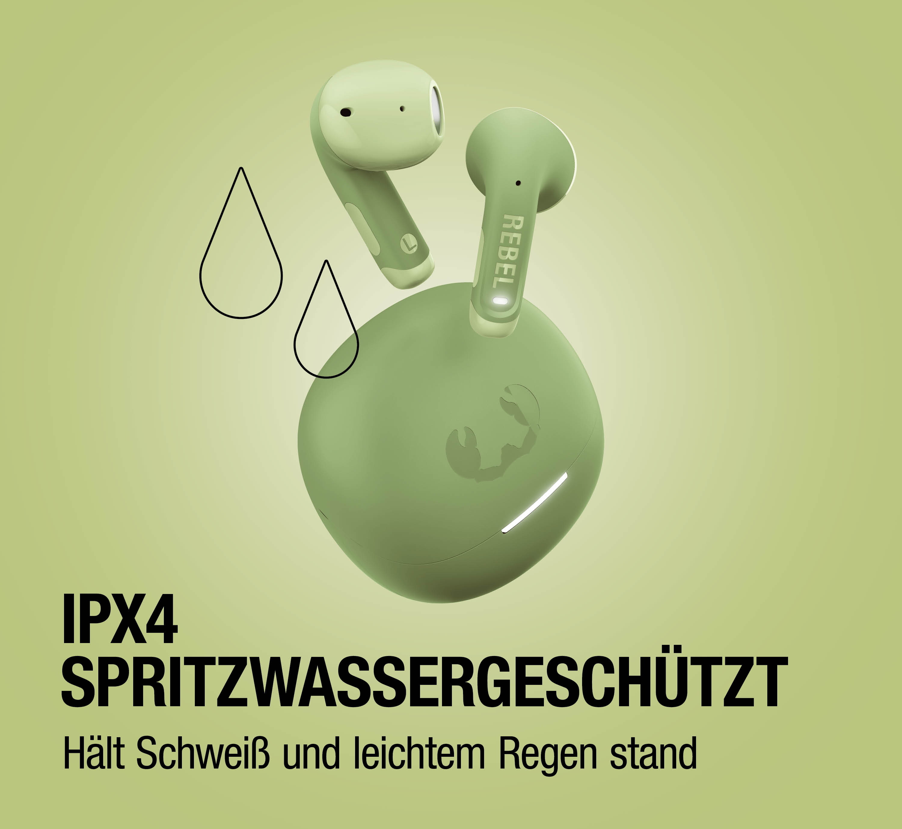 Grüne Kopfhörer mit Ladecase, spritzwassergeschützt (IPX4).