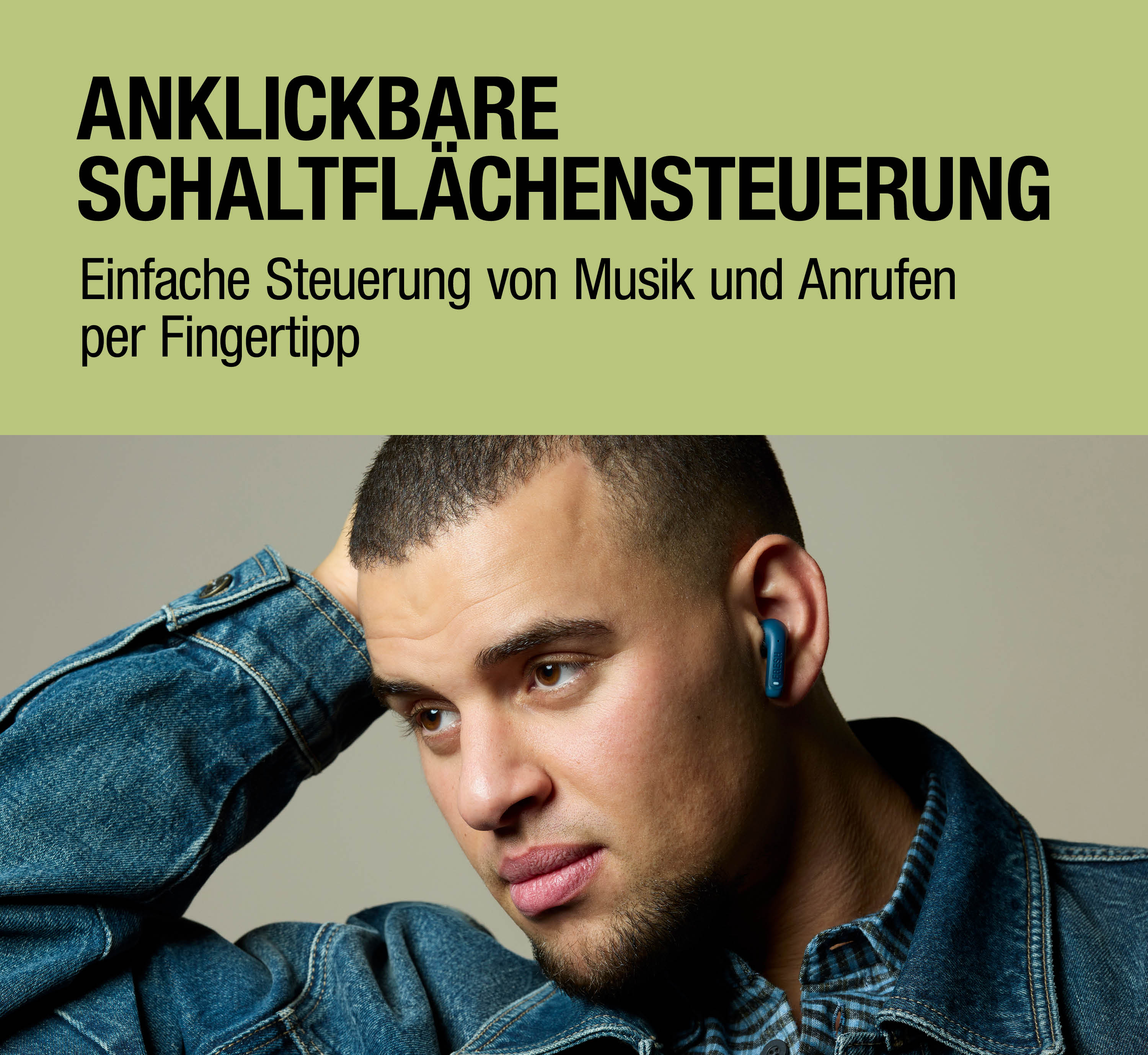 Mann mit Kopfhörer und Jeansjacke. Text oben: Anklickbare Schaltersteuerung.