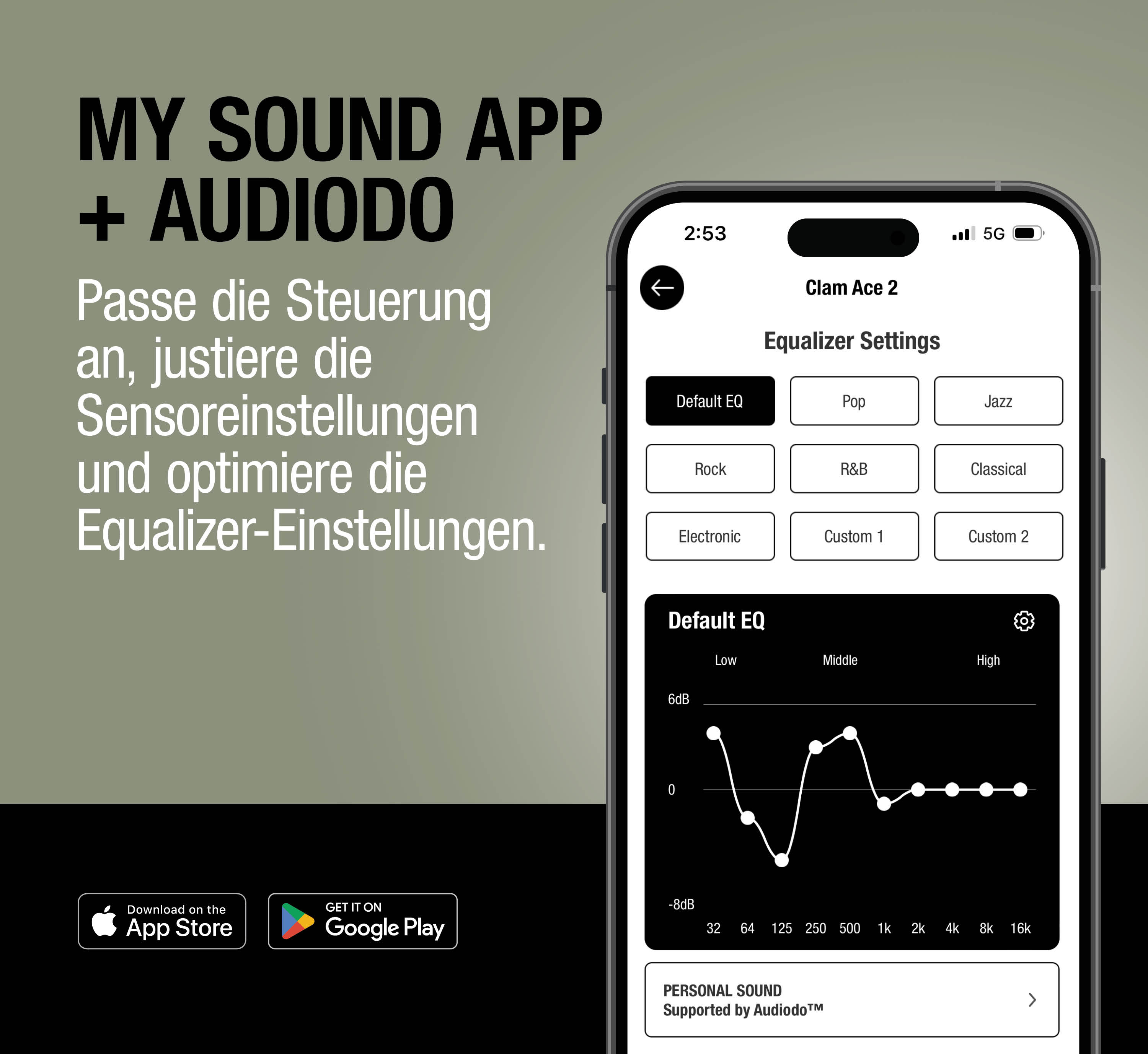 App-Bildschirm mit Equalizer-Einstellungen, Text und App-Store-Buttons.