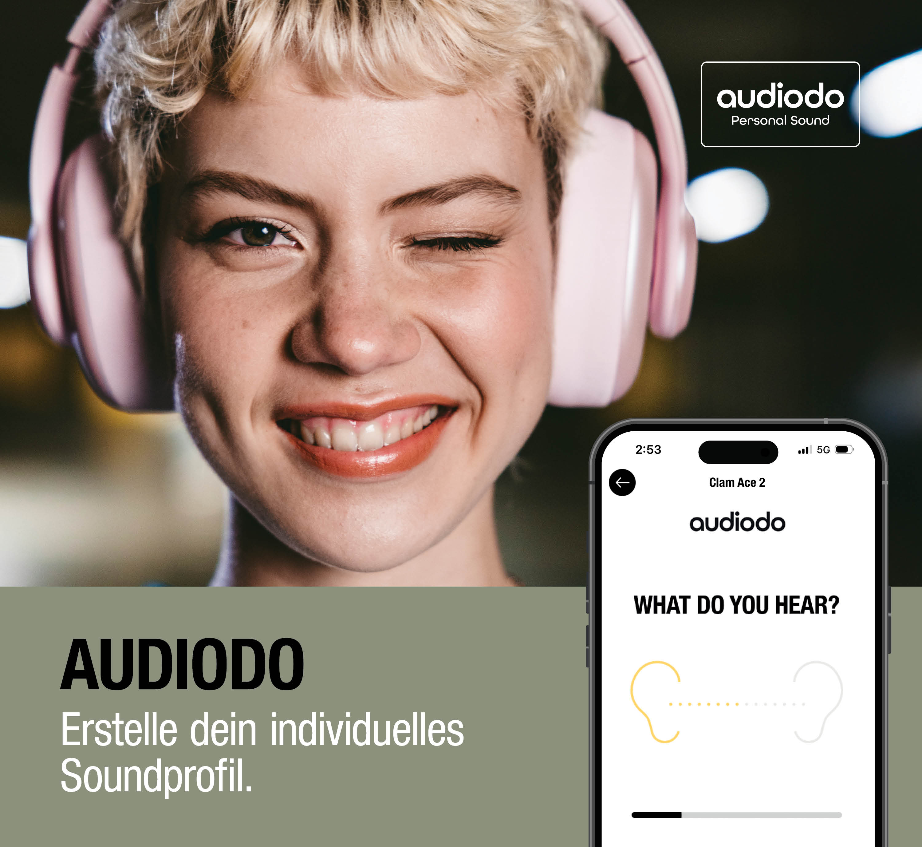 Frau mit rosa Kopfhörern zwinkert. Handy zeigt Audiodo-App mit Hörprofil-Test.