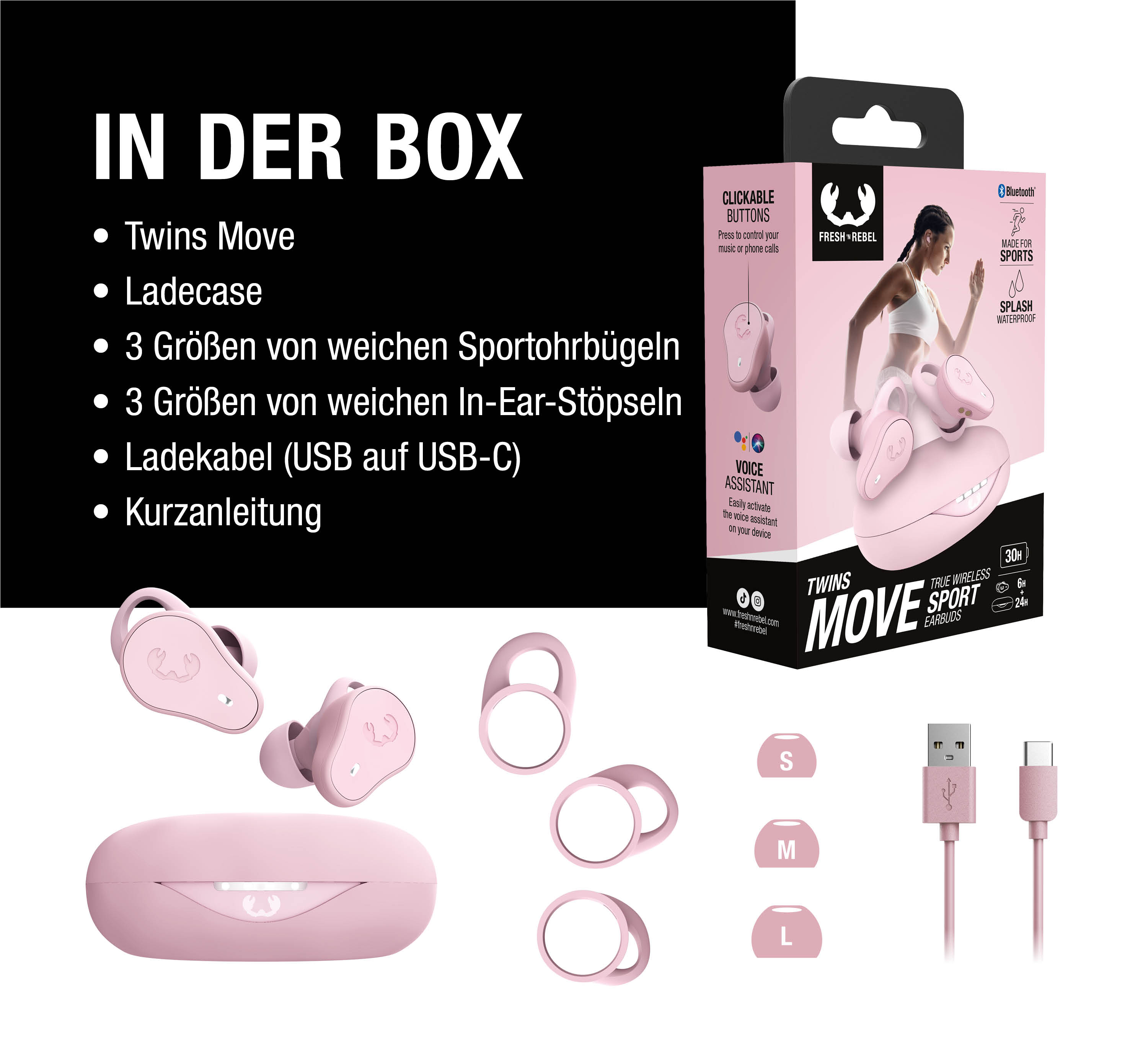Rosa Fresh 'n Rebel Twins Move Ohrhörer und Ladecase mit Zubehör.