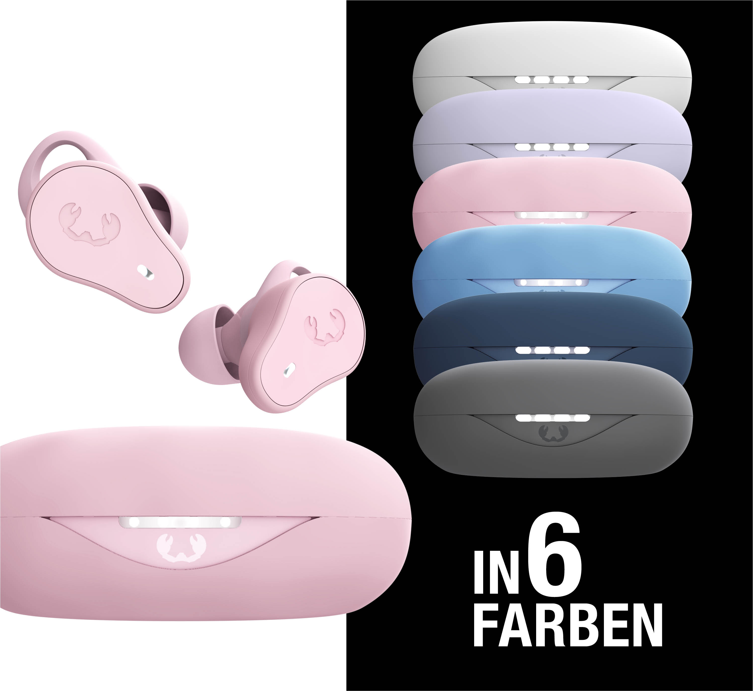 Rosa Kopfhörer und Ladeboxen in sechs Farben.