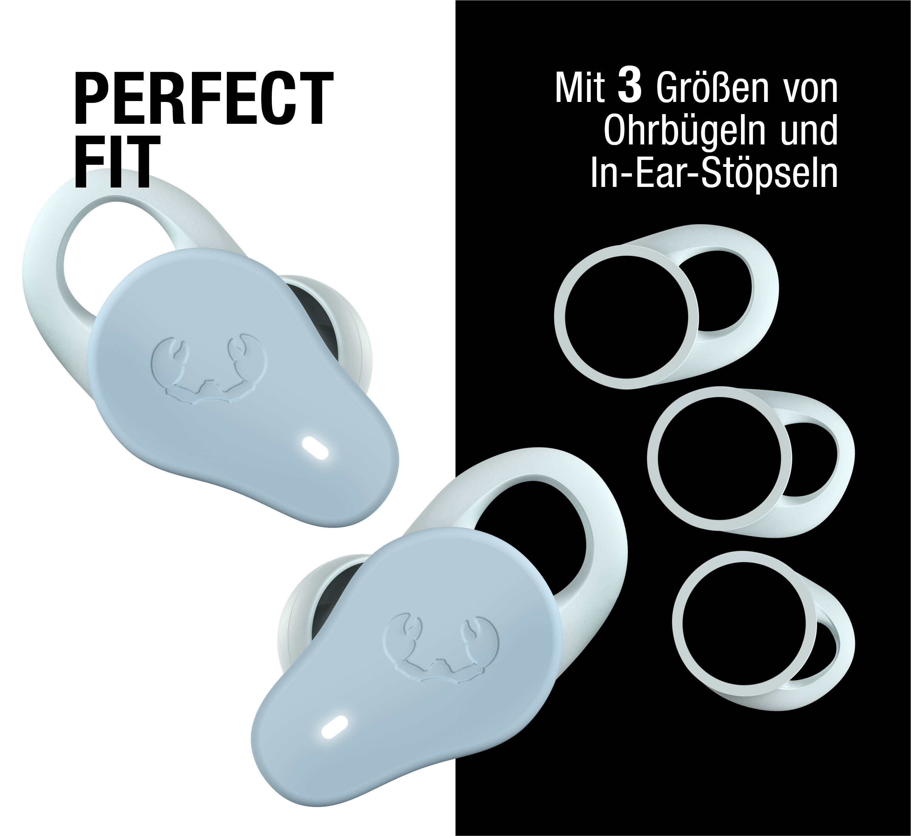 Blaue Ohrhörer mit weißem Ohrbügel und Ersatzaufsätzen.