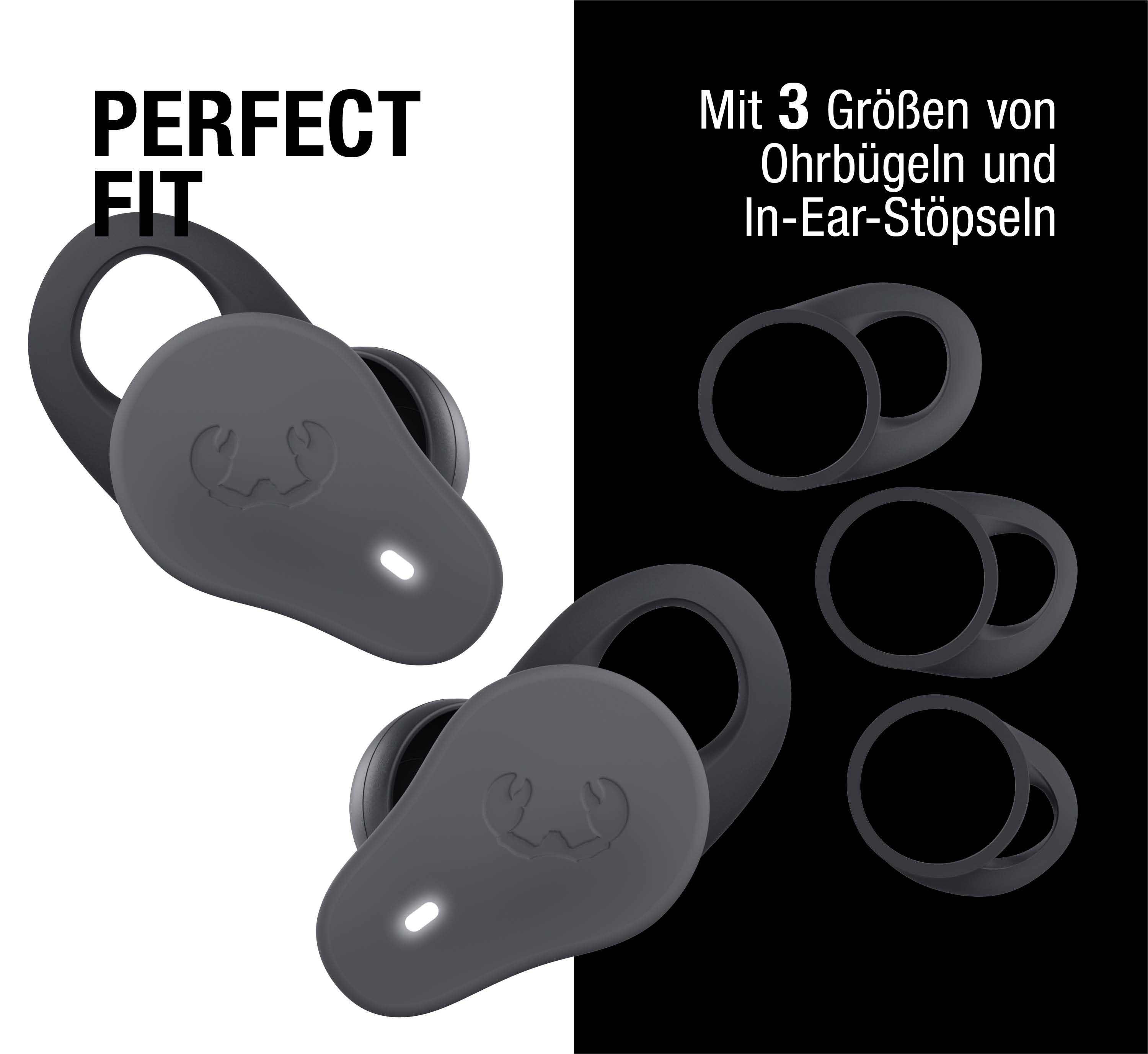 Graue Ohrhörer mit Ohrenbügeln und In-Ear-Stöpseln in 3 Größen.