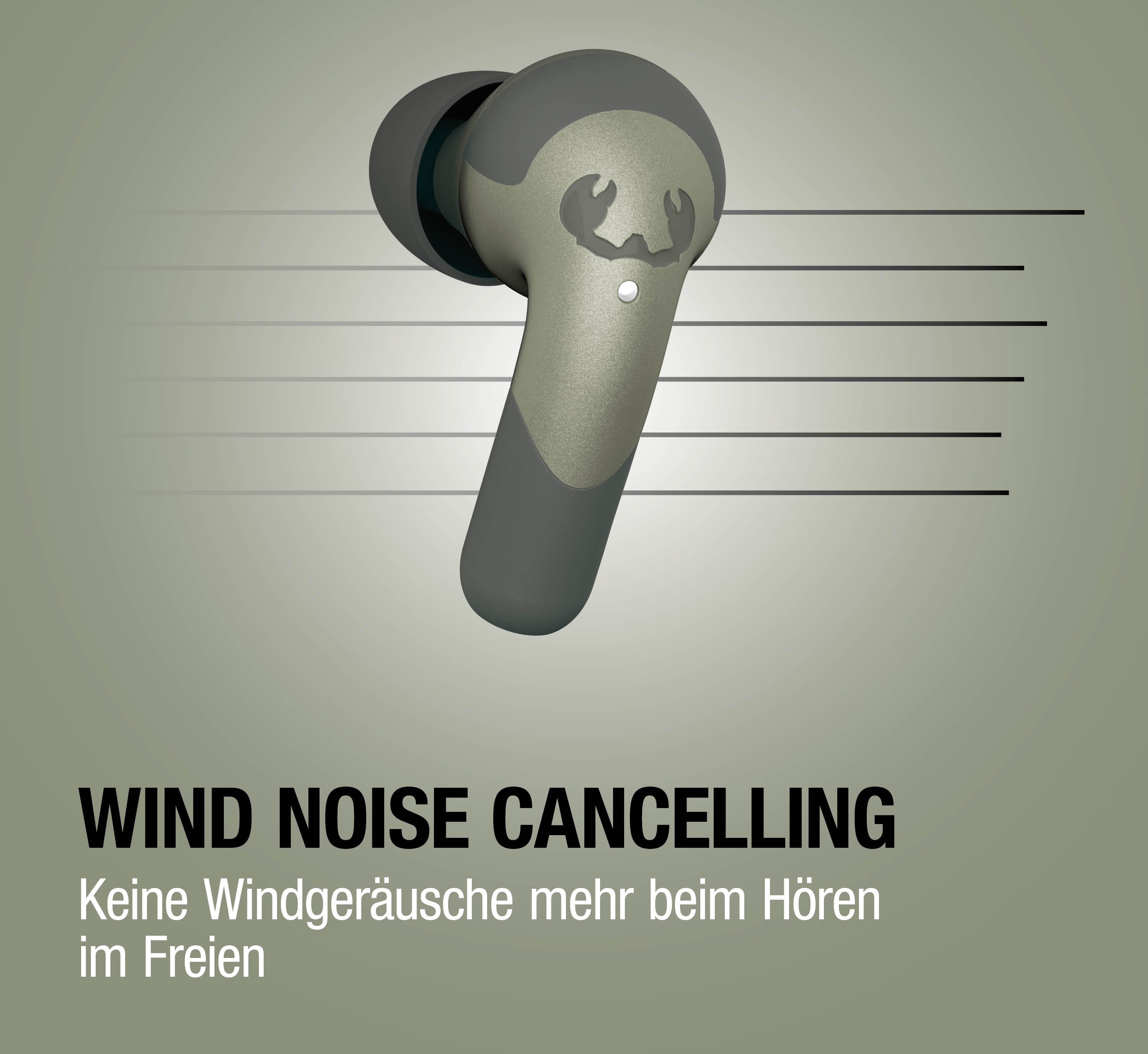 Ein Ohrhörer mit Windgeräuschunterdrückung, mit einem stilisierten Krebslogo.