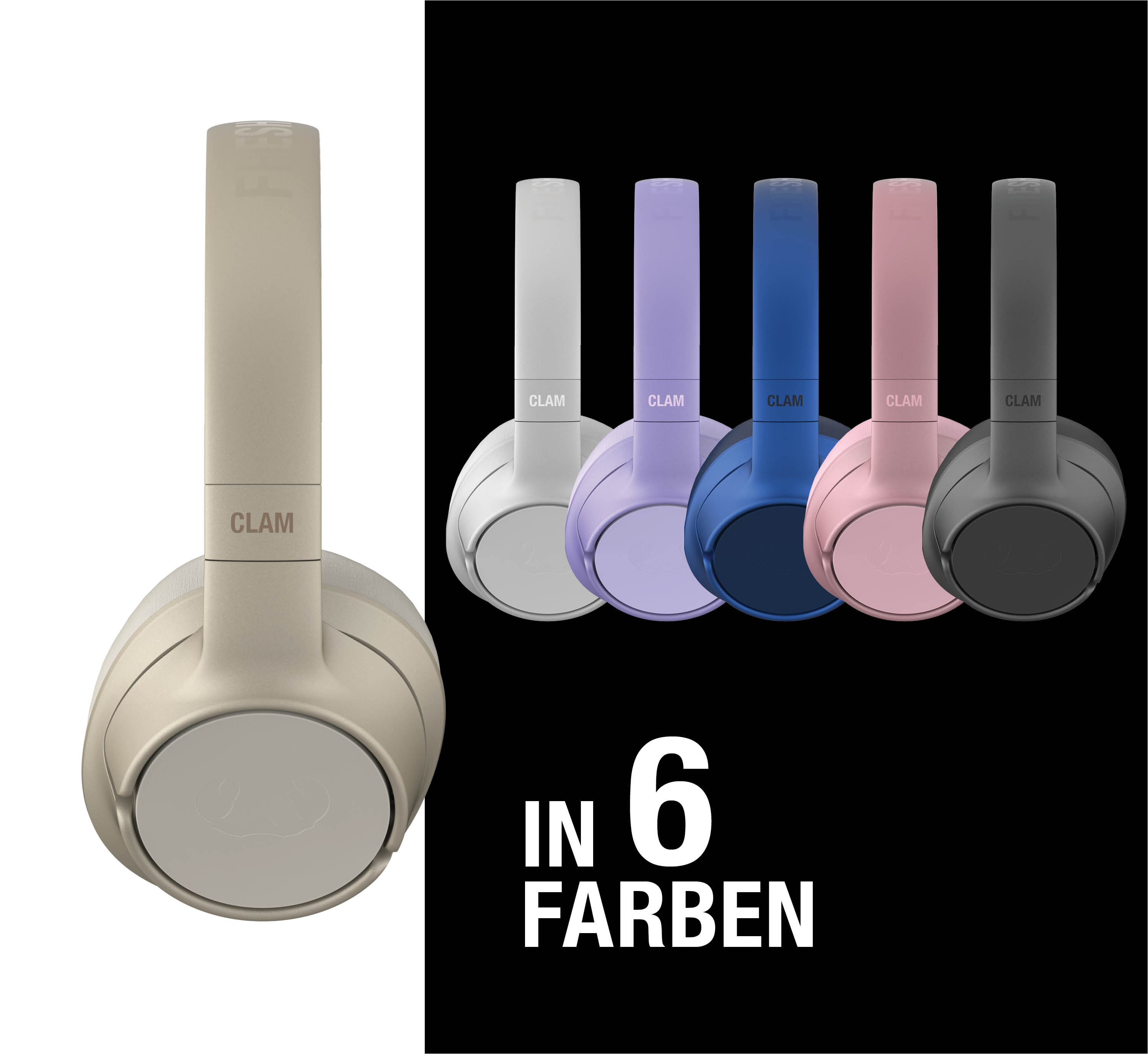 Ein beiger Kopfhörer links, fünf bunte Kopfhörer rechts. Text: IN 6 FARBEN.