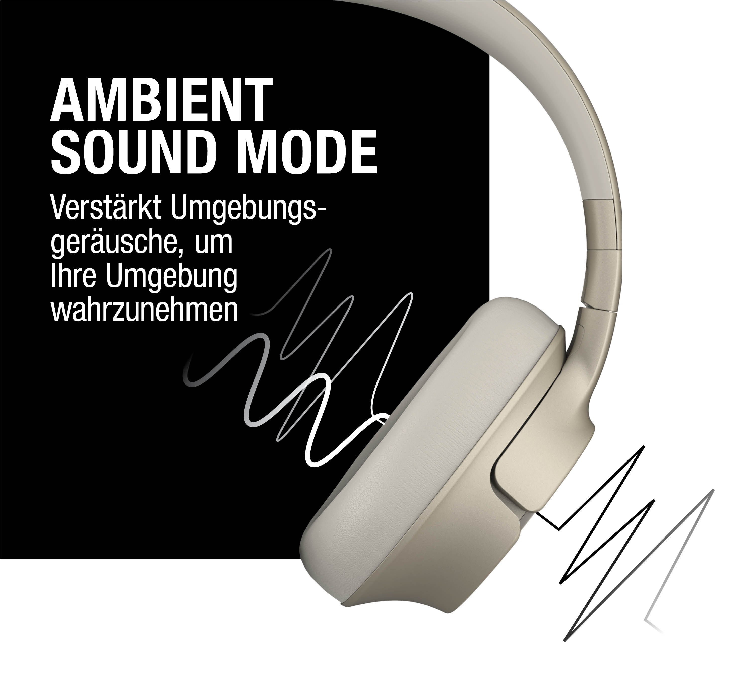 Kopfhörer mit ambientem Schallmodus und Wellenlinien.