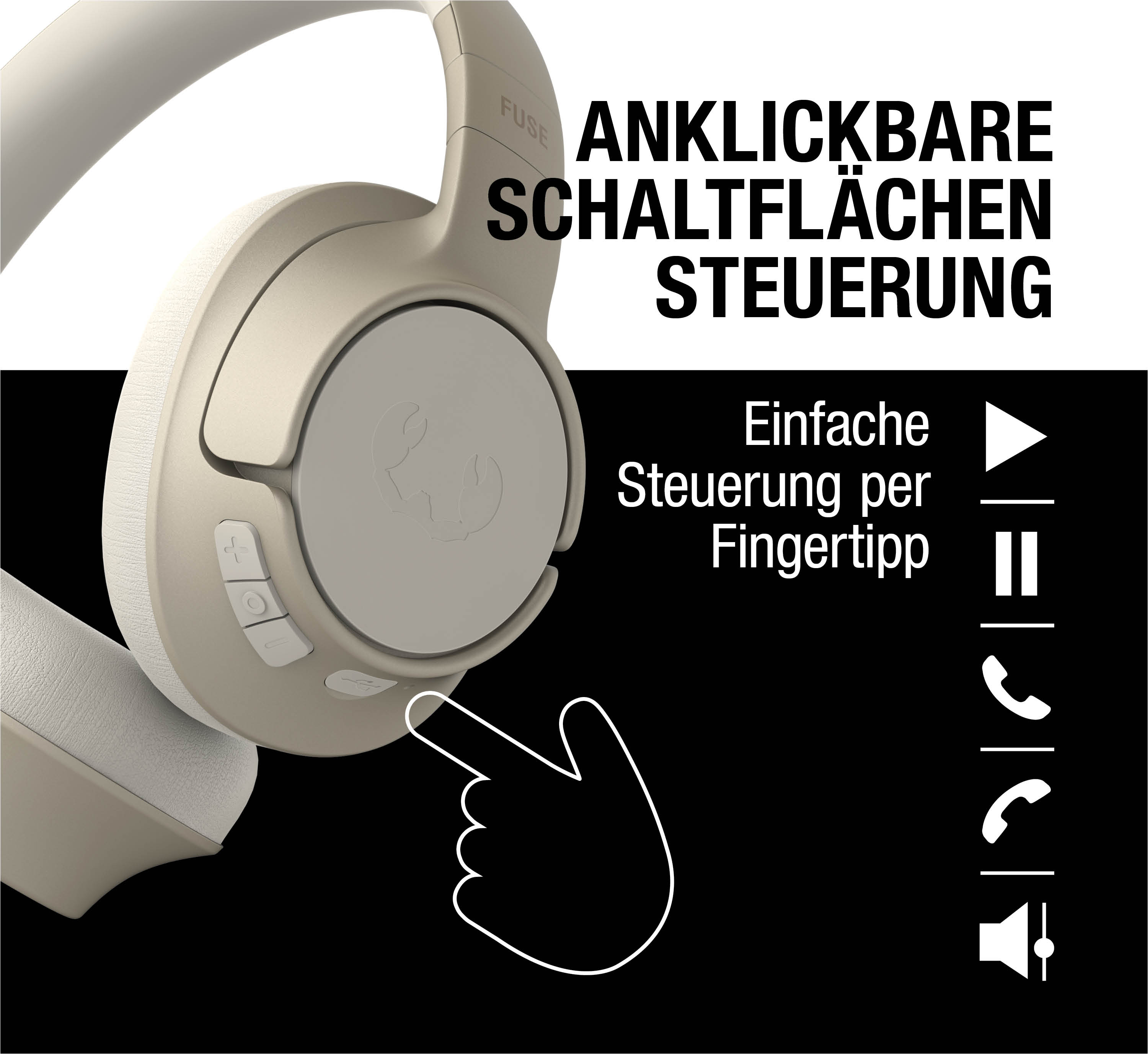 Beige Kopfhörer mit Touch-Bedienung und Symbolen für Play, Pause, Anruf und Lautstärke.