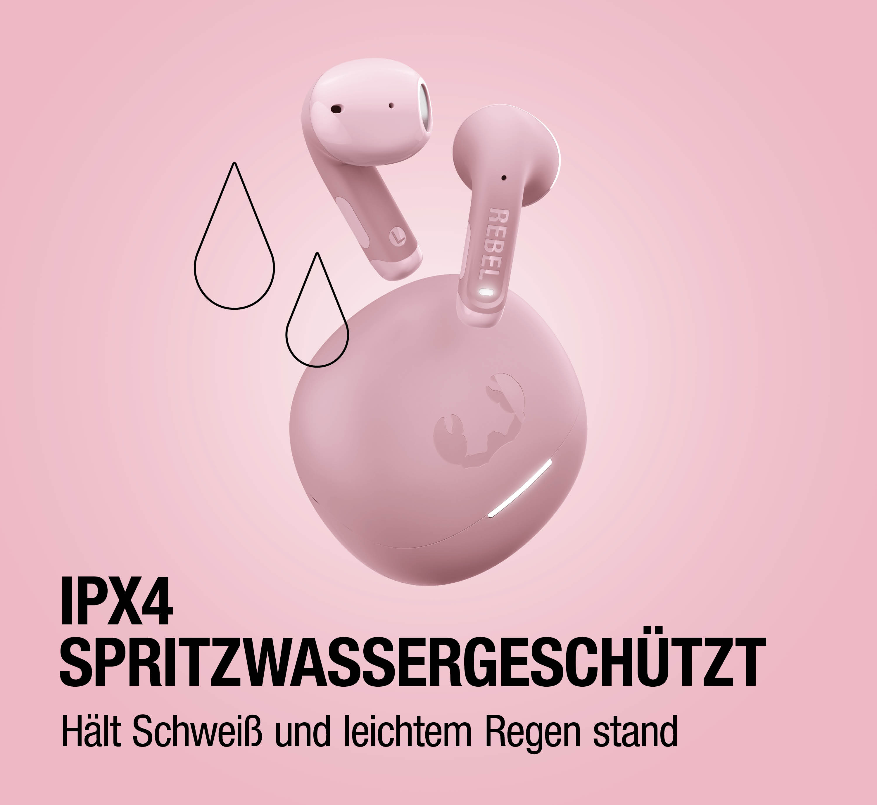 Rosa Ohrhörer mit Ladecase, IPX4 spritzwassergeschützt.