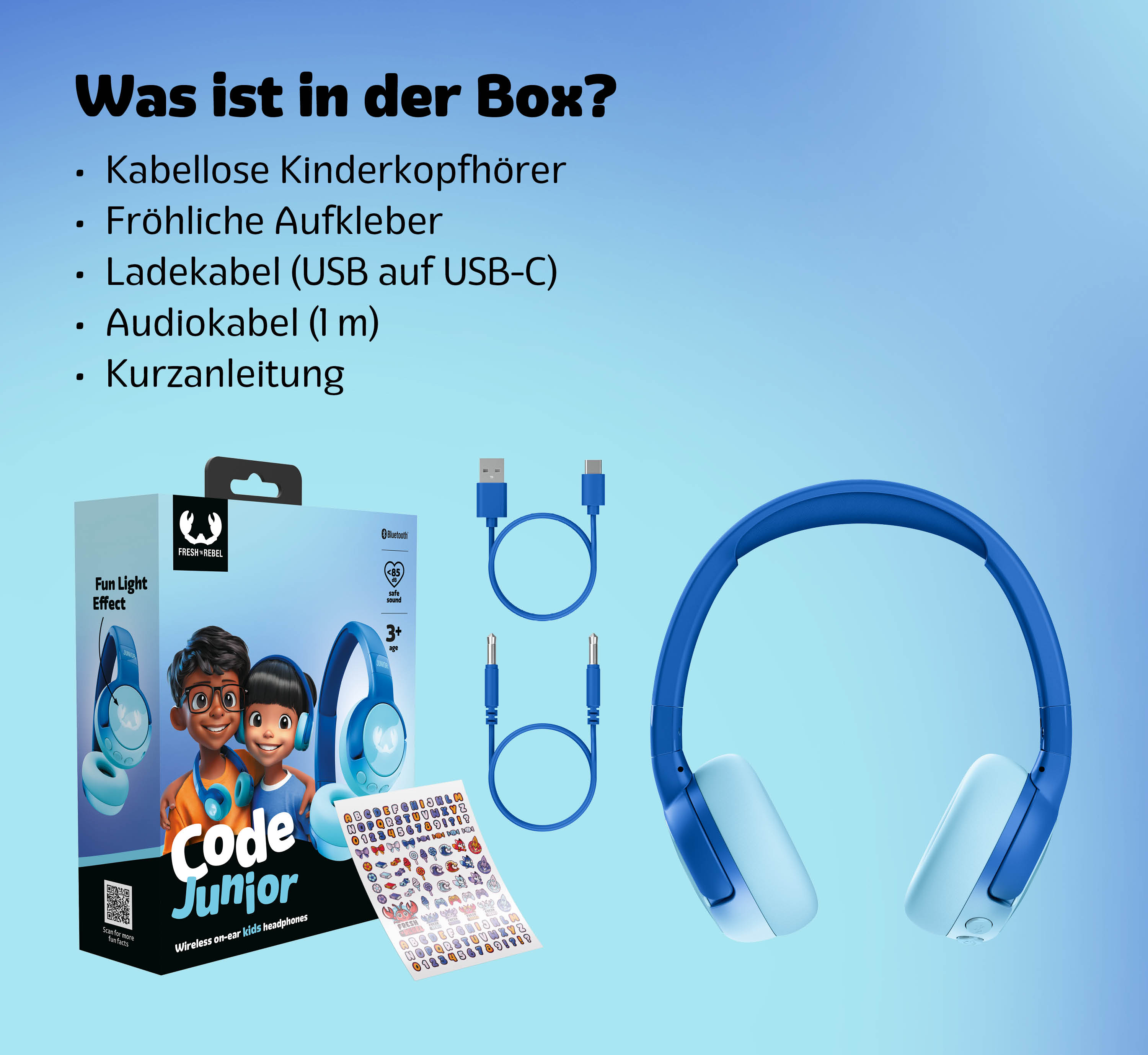 Cuffie blu con accessori: cavi, adesivi, manuale.