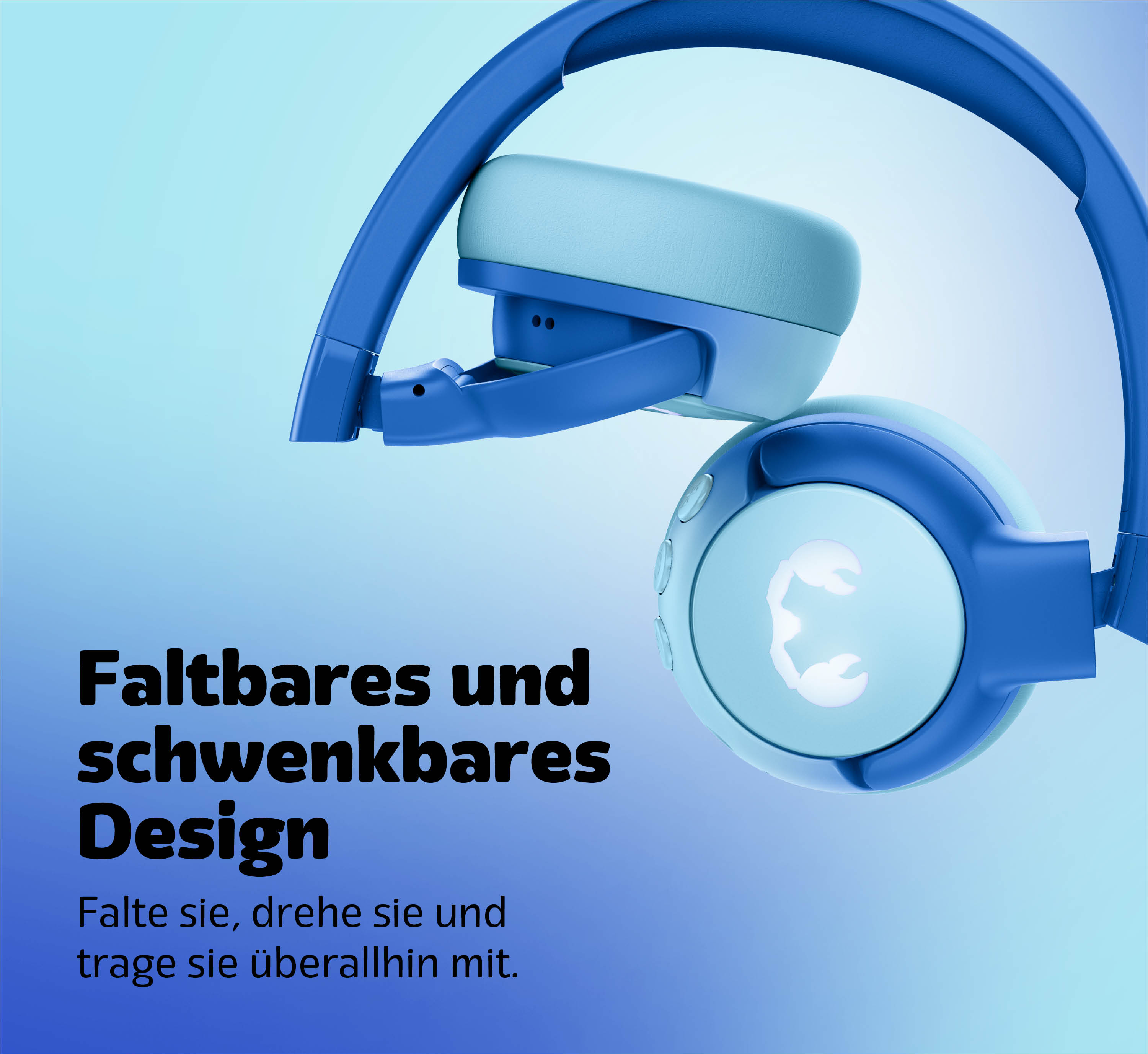 Cuffie blu e azzurro con design pieghevole e girevole.