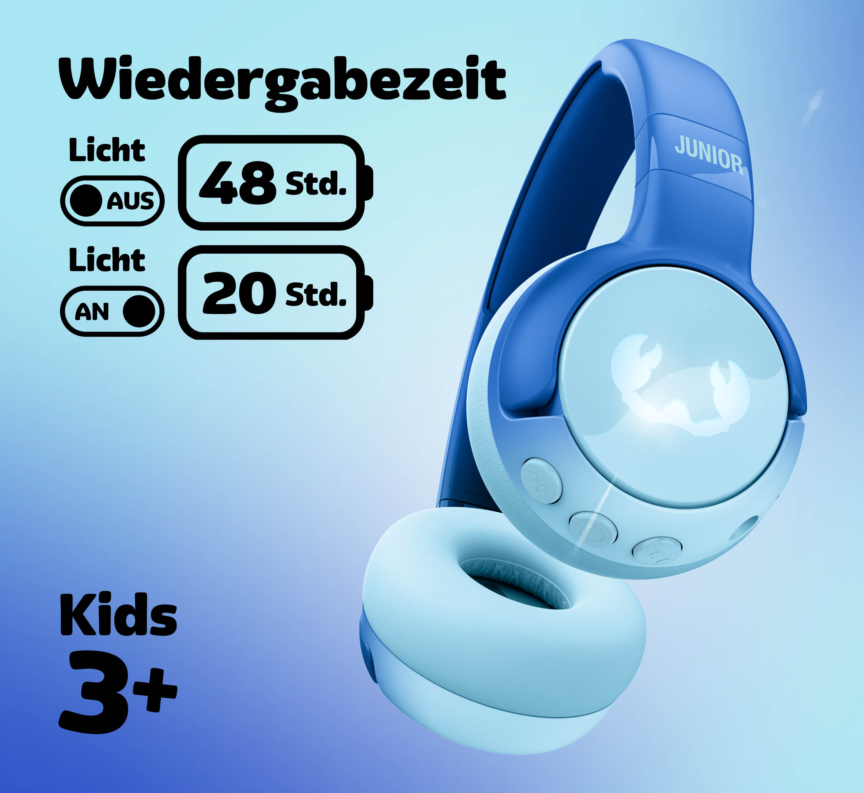 Cuffie blu per bambini, con tempi di riproduzione e indicatori luminosi.
