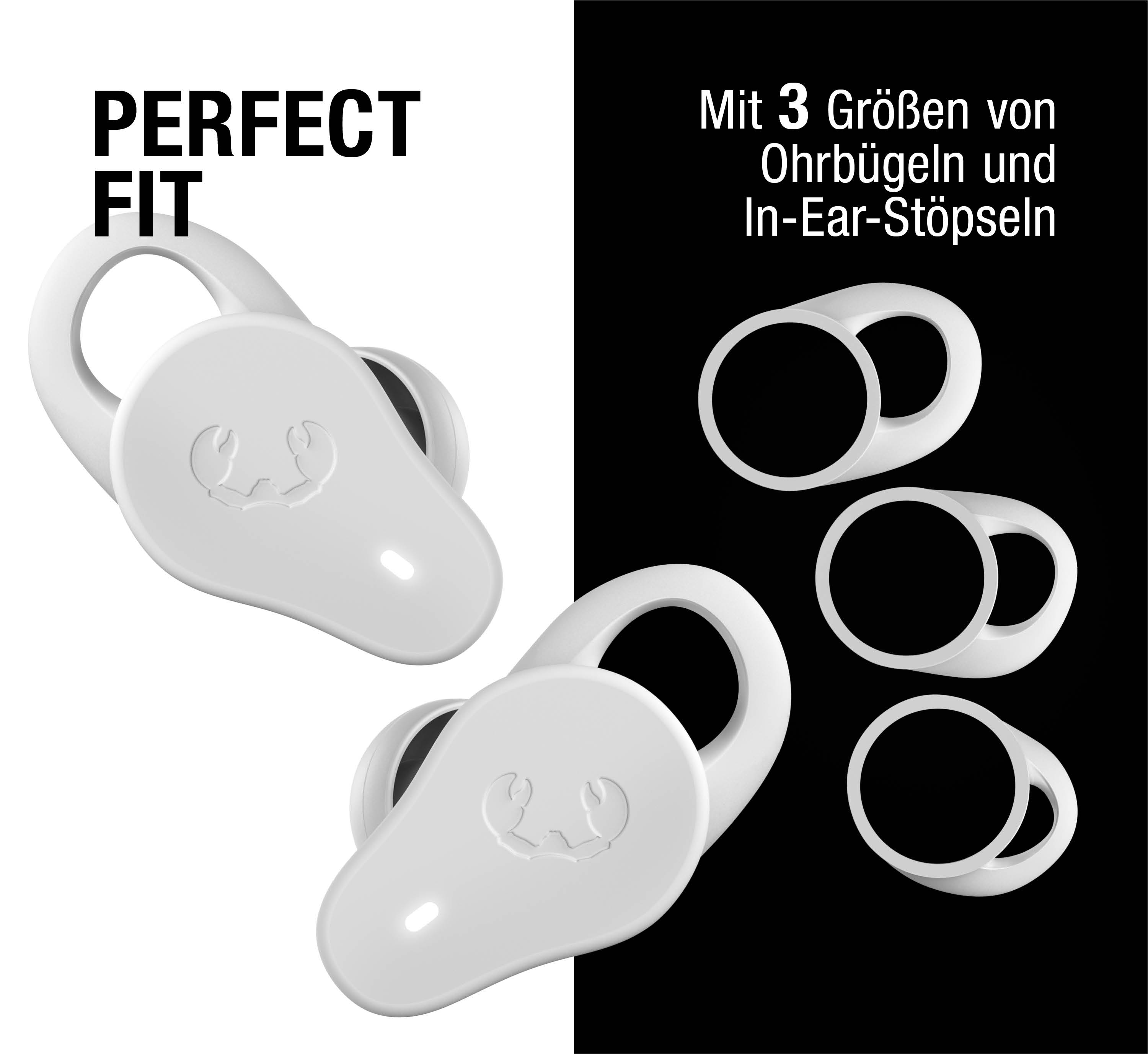 Weiße Ohrhörer und Ohrstöpsel in verschiedenen Größen auf schwarzem und weißem Hintergrund.