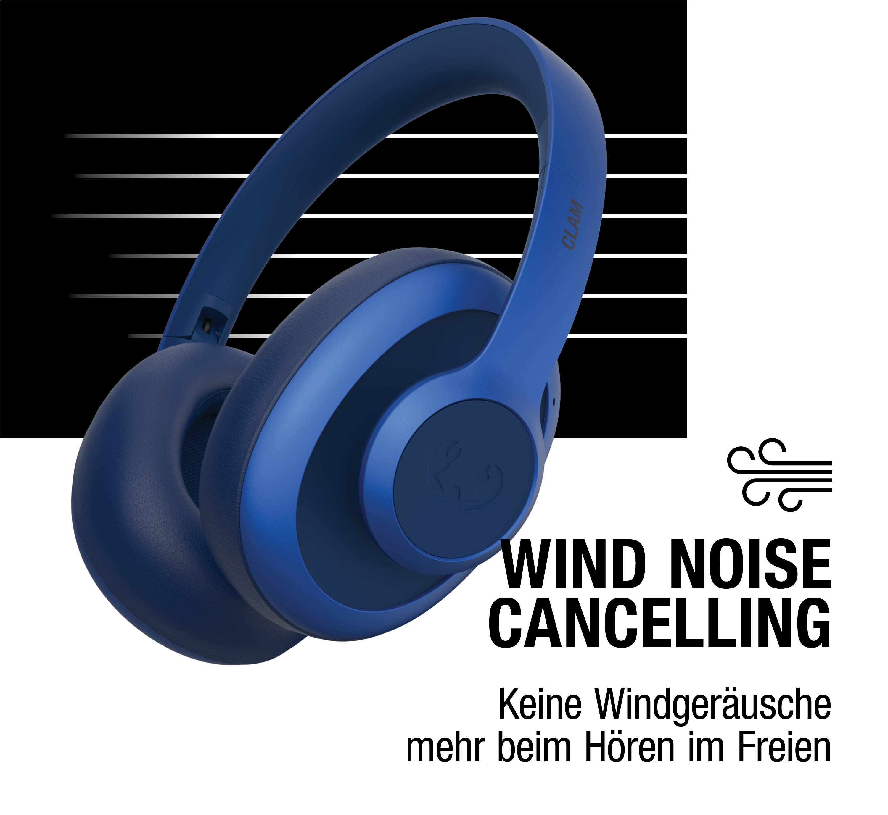 Blaue Kopfhörer mit Windgeräuschunterdrückung und dem Schriftzug CLAM.