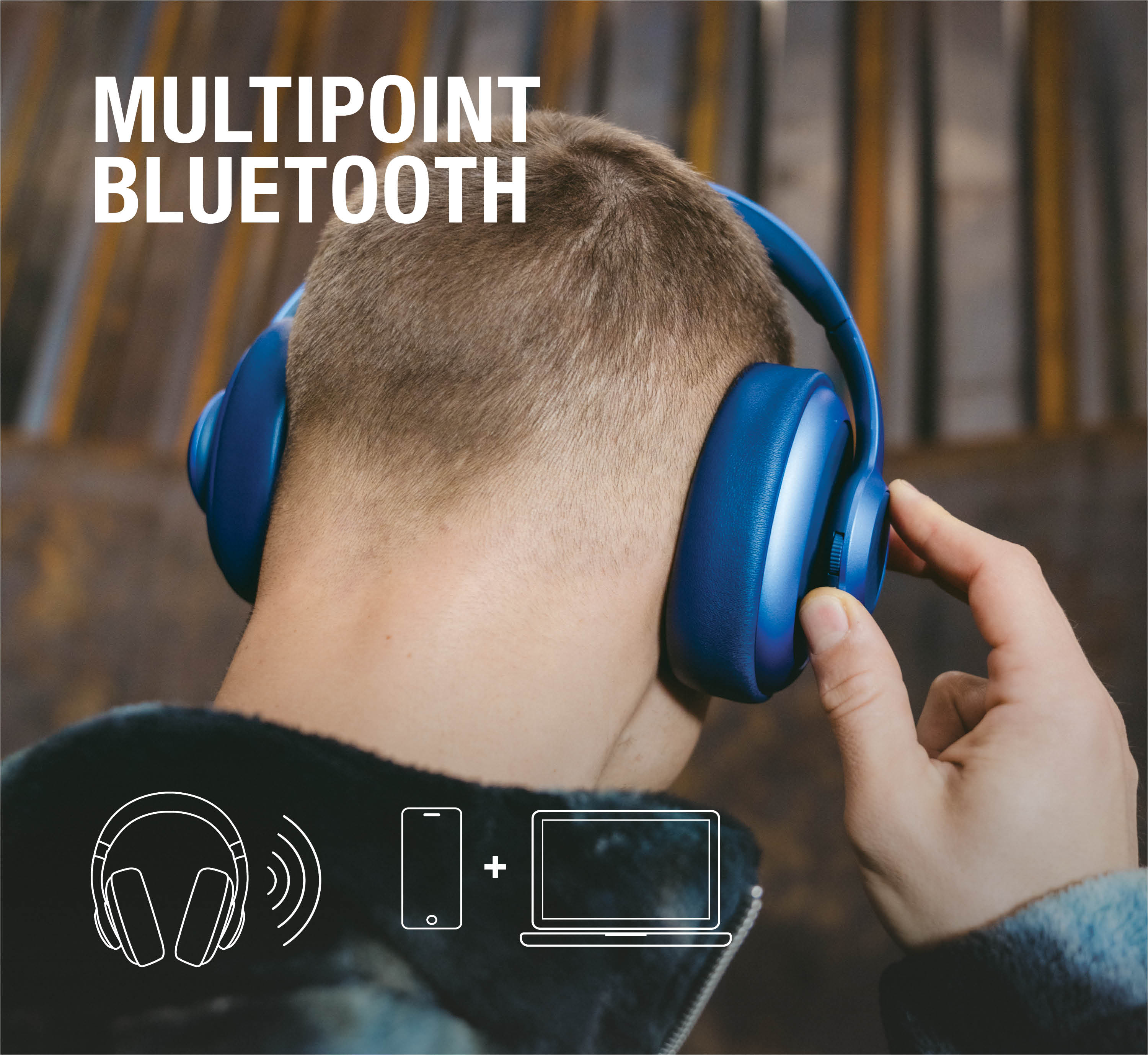 Mann mit blauen Kopfhörern, Text "MULTIPOINT BLUETOOTH" und Icons.