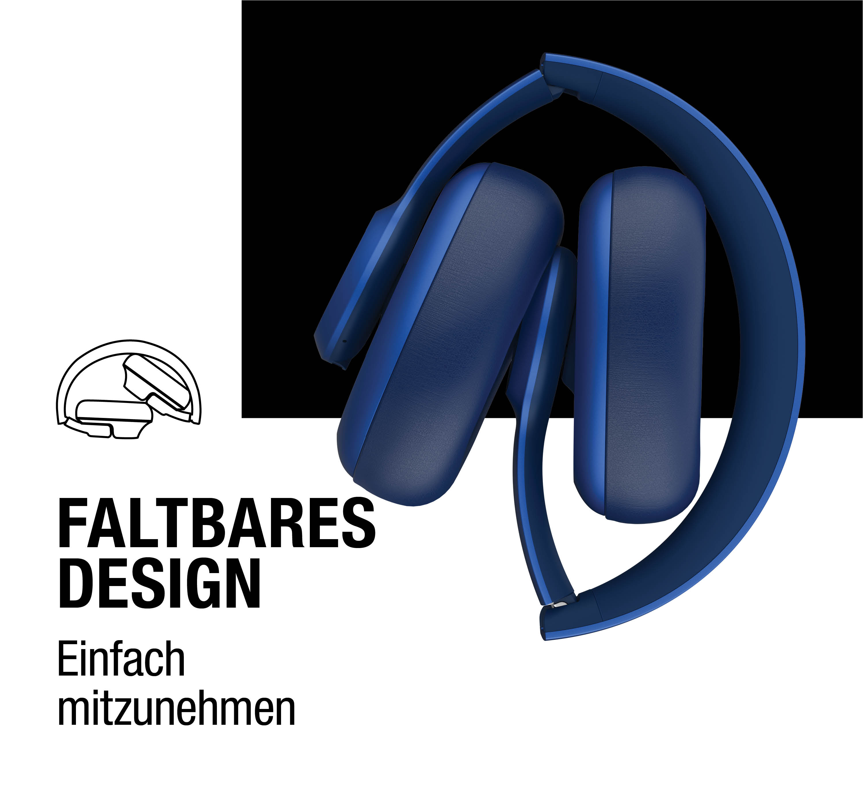 Blaue faltbare Kopfhörer, im studio auf schwarzem Hintergrund.
