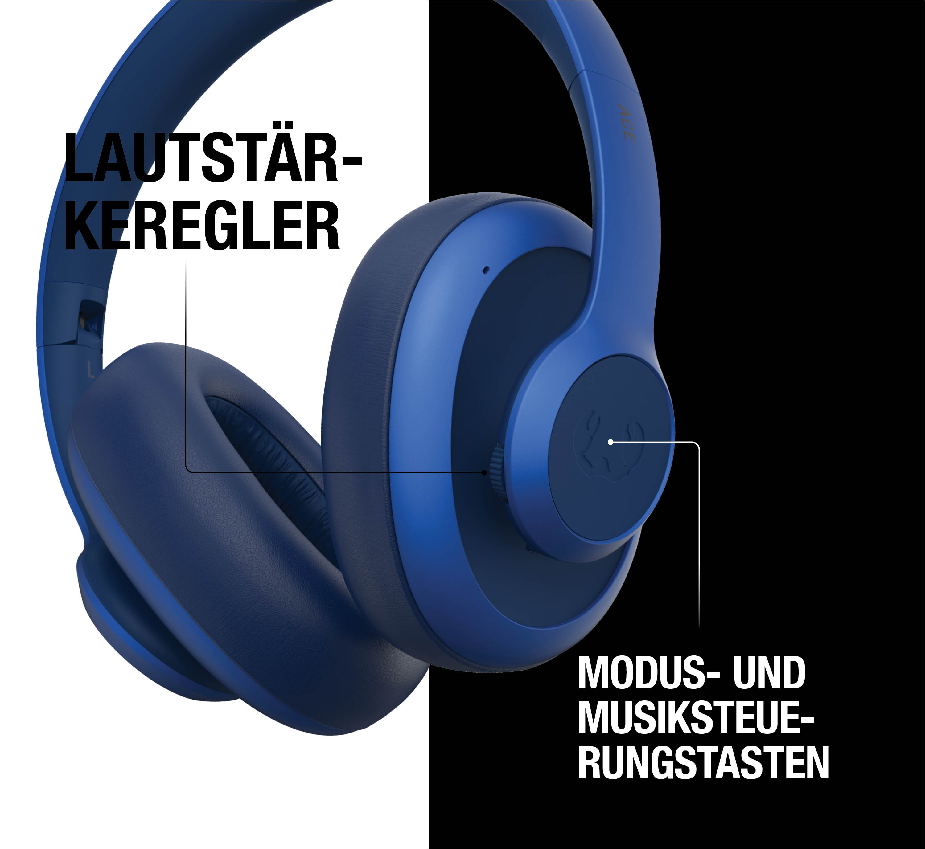 Dunkelblaue Kopfhörer mit Beschriftungen für Lautstärkeregler und Tasten.