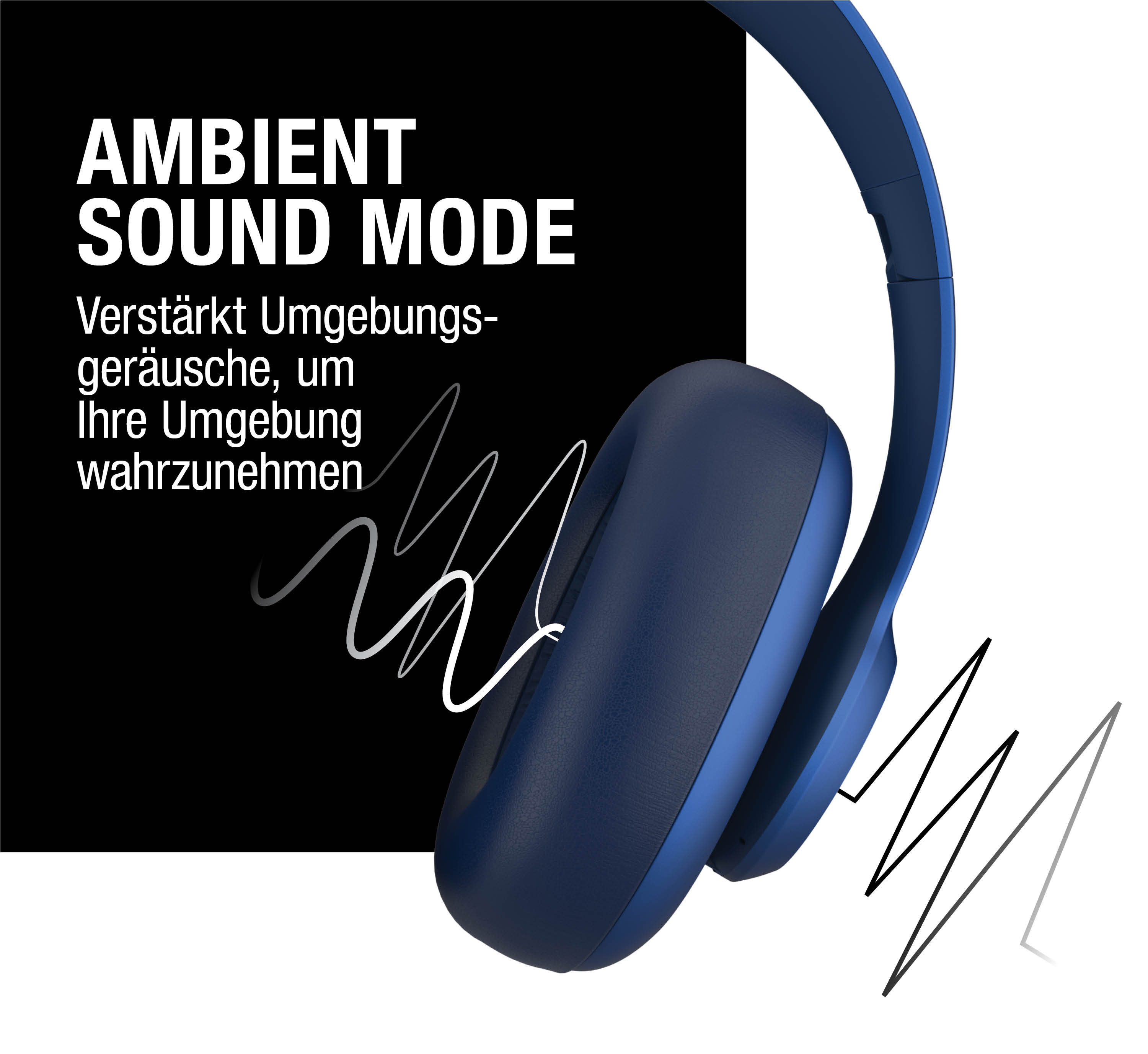 Blaue Kopfhörer mit Text 'AMBIENT SOUND MODE' und Wellenlinien.