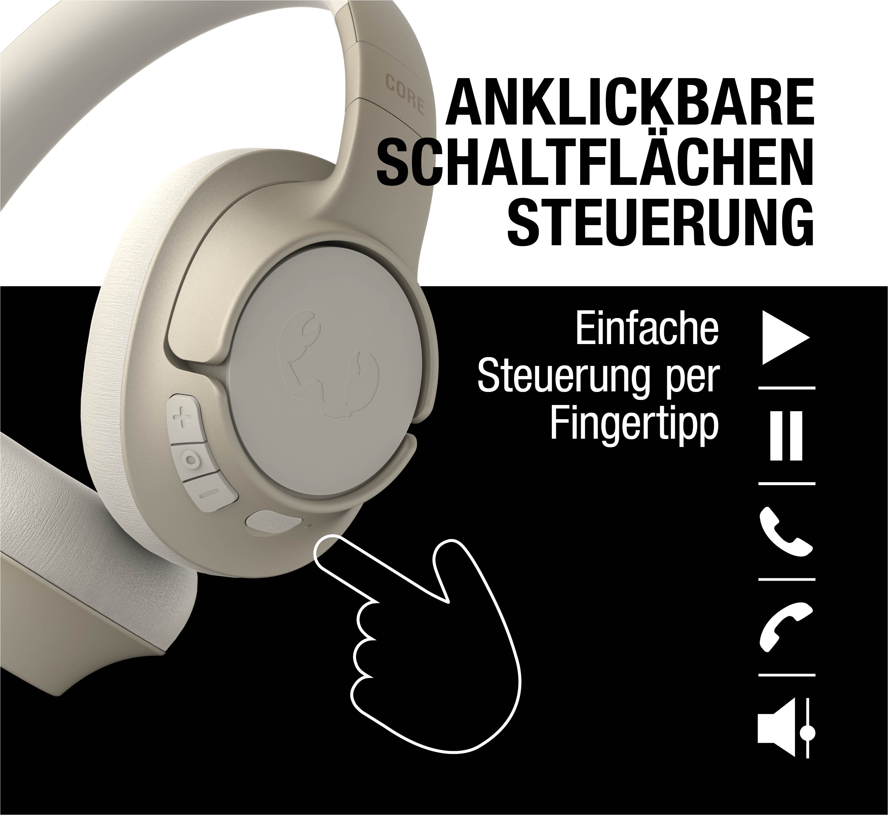 Beige Kopfhörer mit Bedienknöpfen und einem stilisierten Krebs auf dem rechten Ohrhörer.