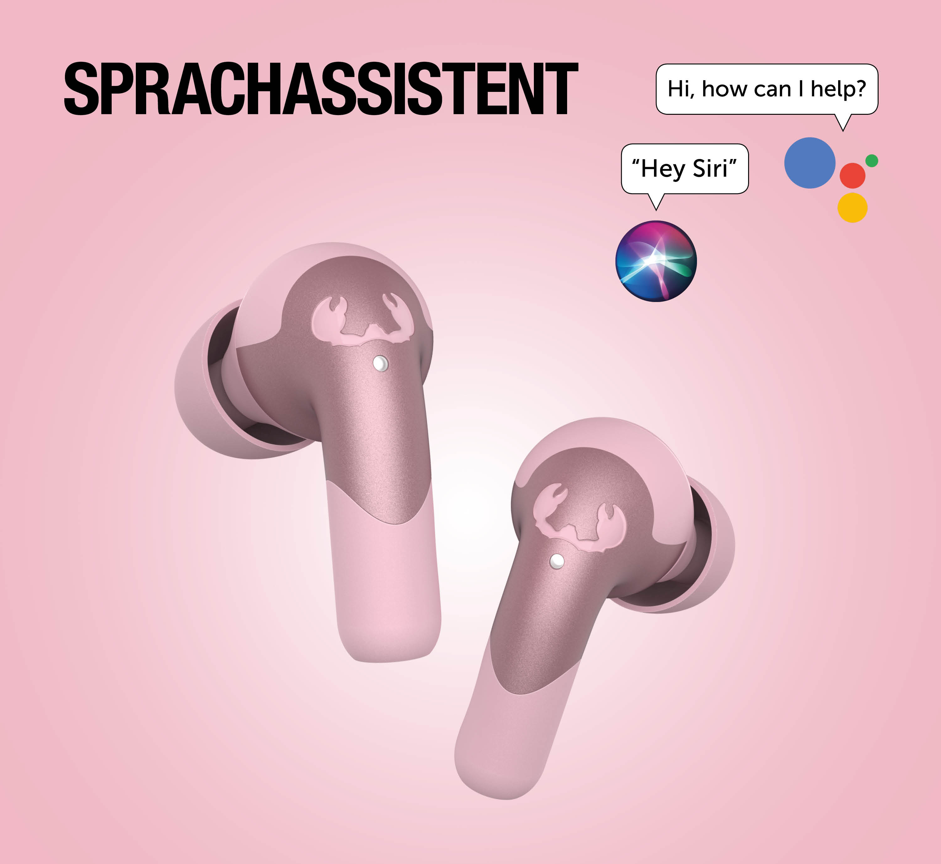 Zwei rosafarbene Ohrhörer mit Krabbenlogo auf rosa Hintergrund, mit Sprachassistent-Symbolen.