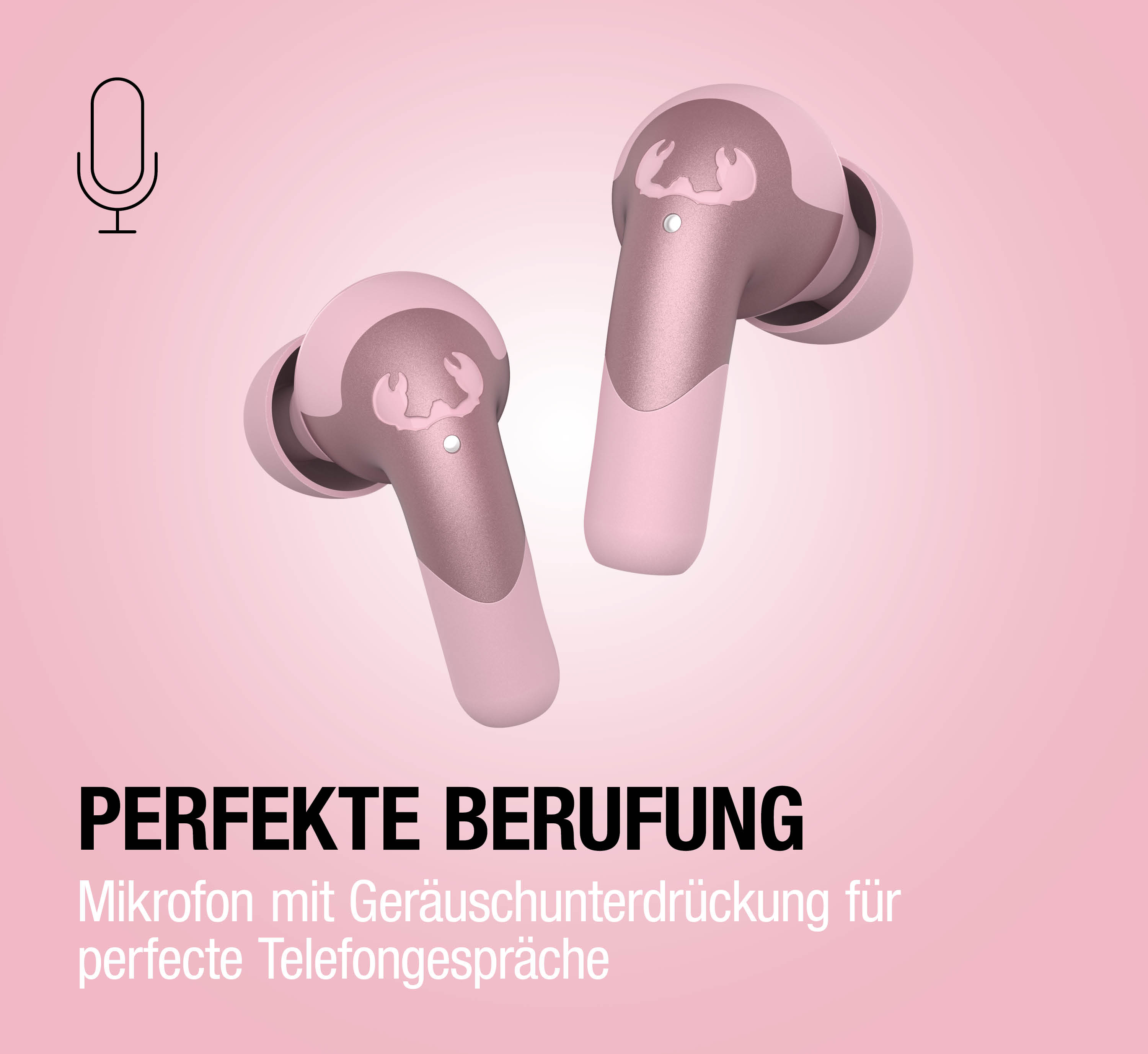 Zwei rosafarbene Kopfhörer mit Mikrofon-Symbol und Text in Deutsch.