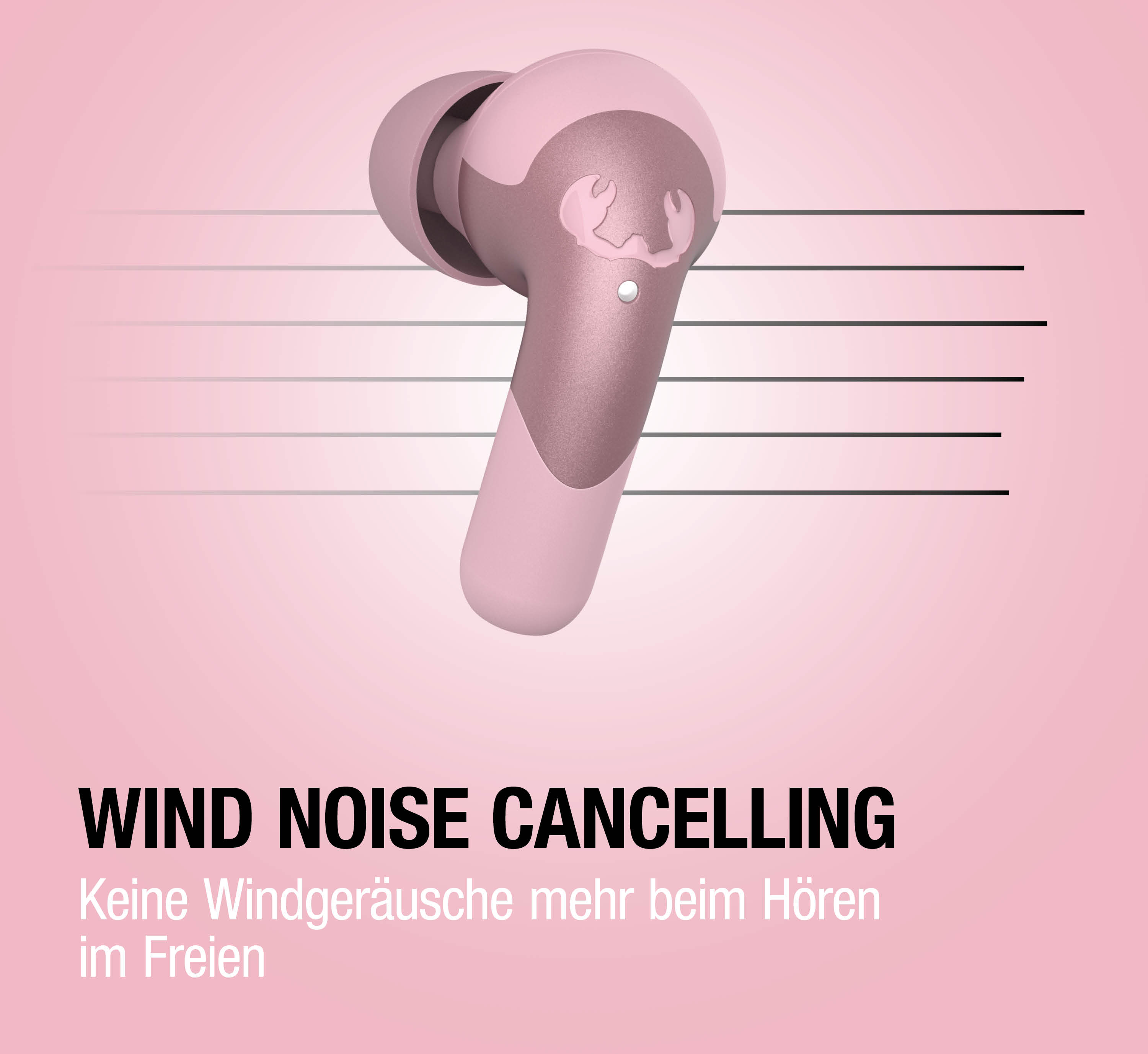 Ein rosafarbener Kopfhörer mit Windgeräuschunterdrückung.