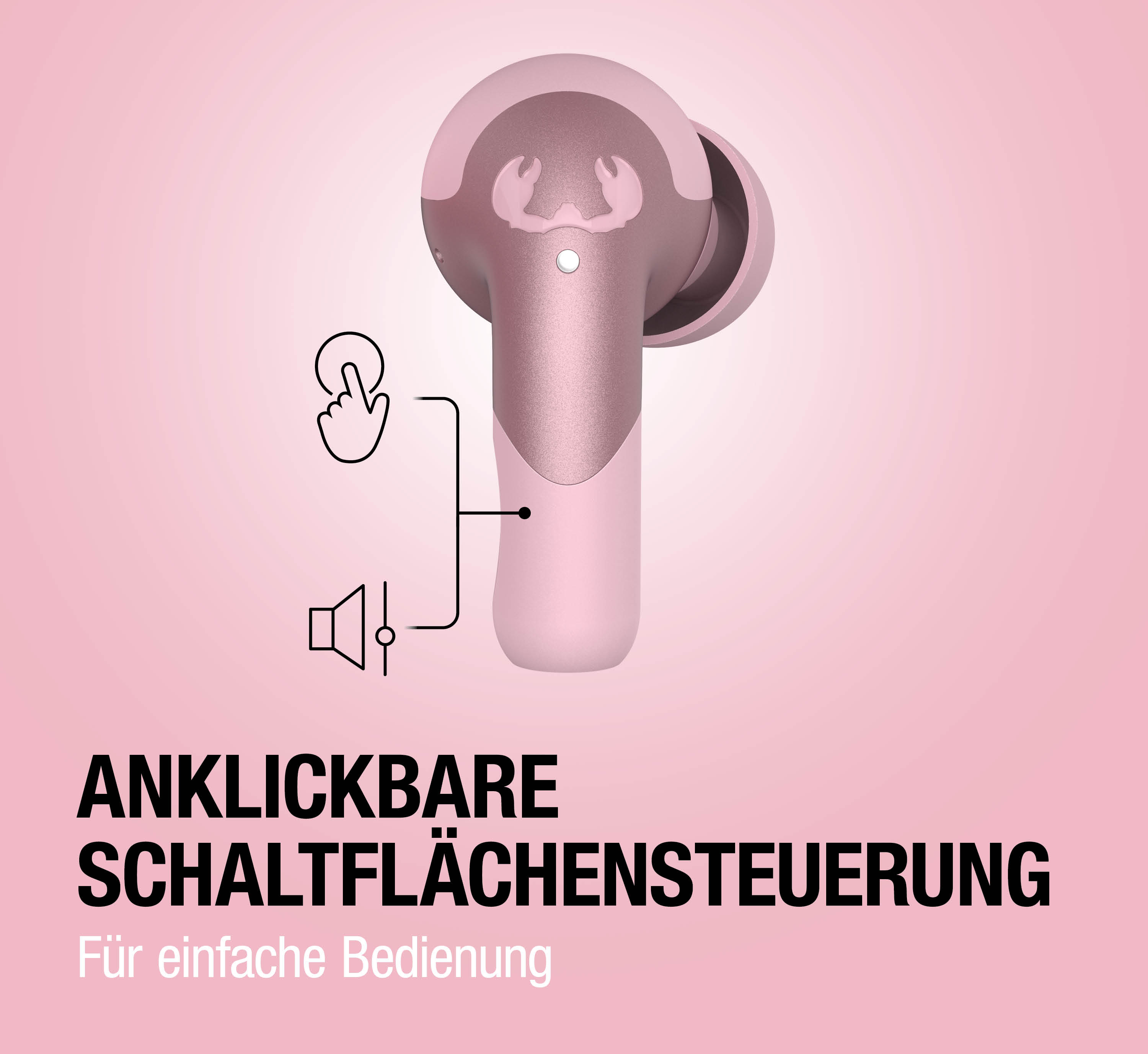 Rosa Kopfhörer mit Touch-Steuerung und Lautsprechersymbolen.