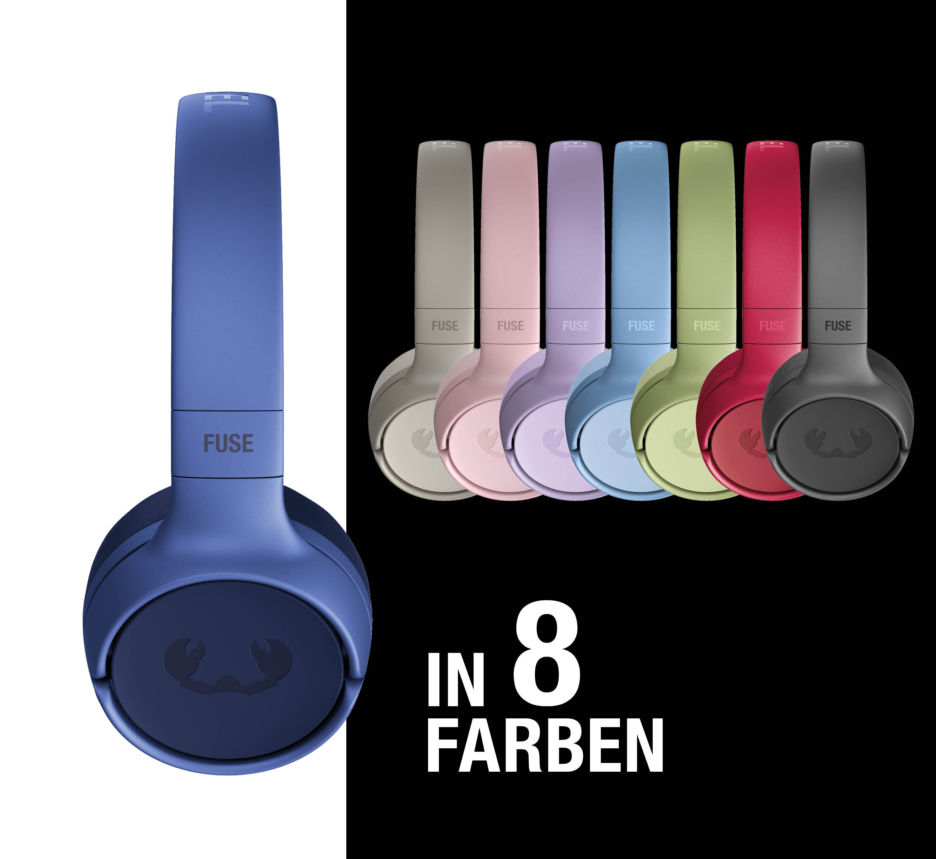 Ein blauer Kopfhörer links, daneben sieben weitere in Grau, Rosa, Lila, Hellblau, Grün, Rot und Schwarz.