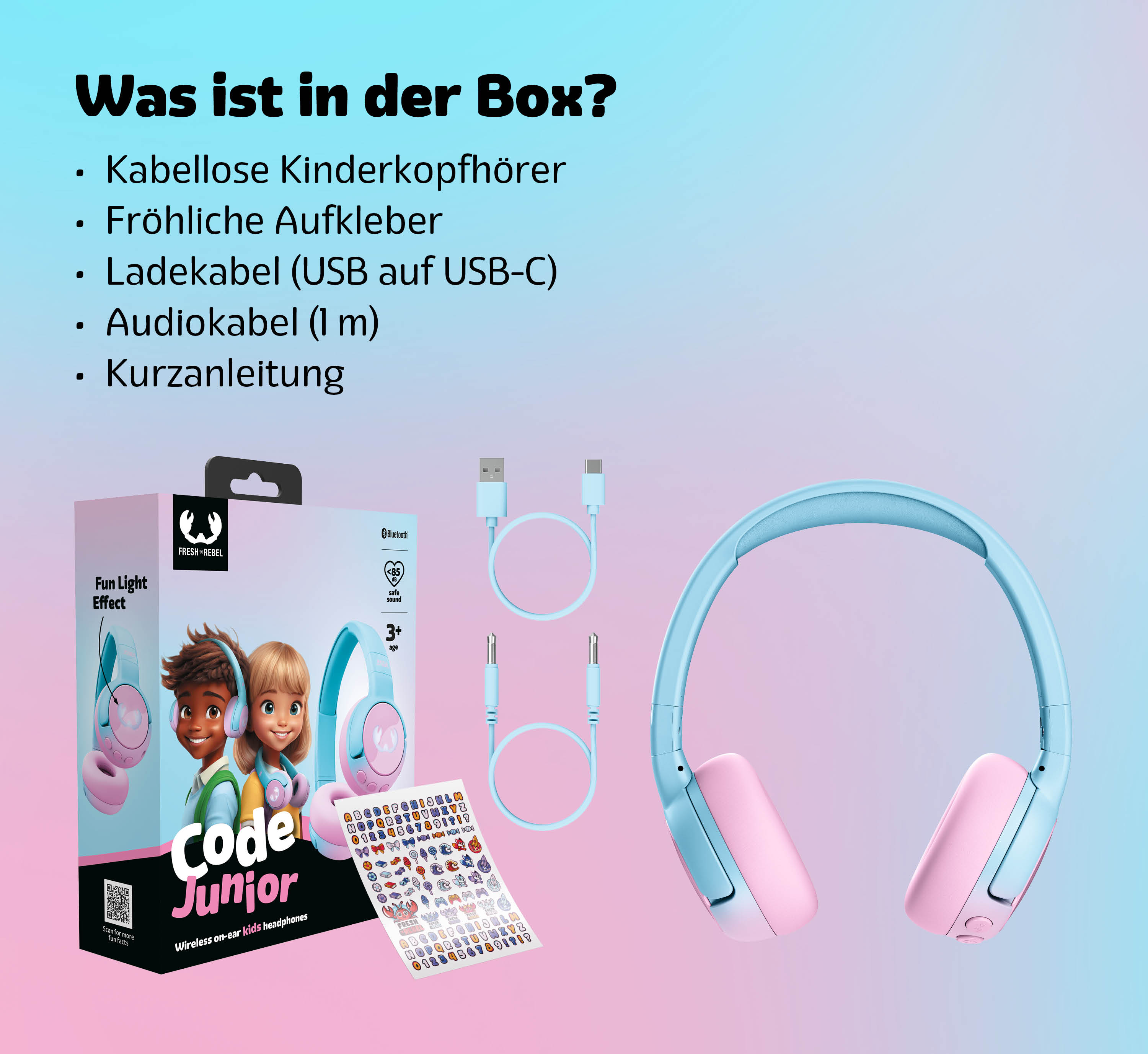 Contenuto della scatola: Cuffie, adesivi, cavi di ricarica e audio, manuale. Blu/Rosa.
