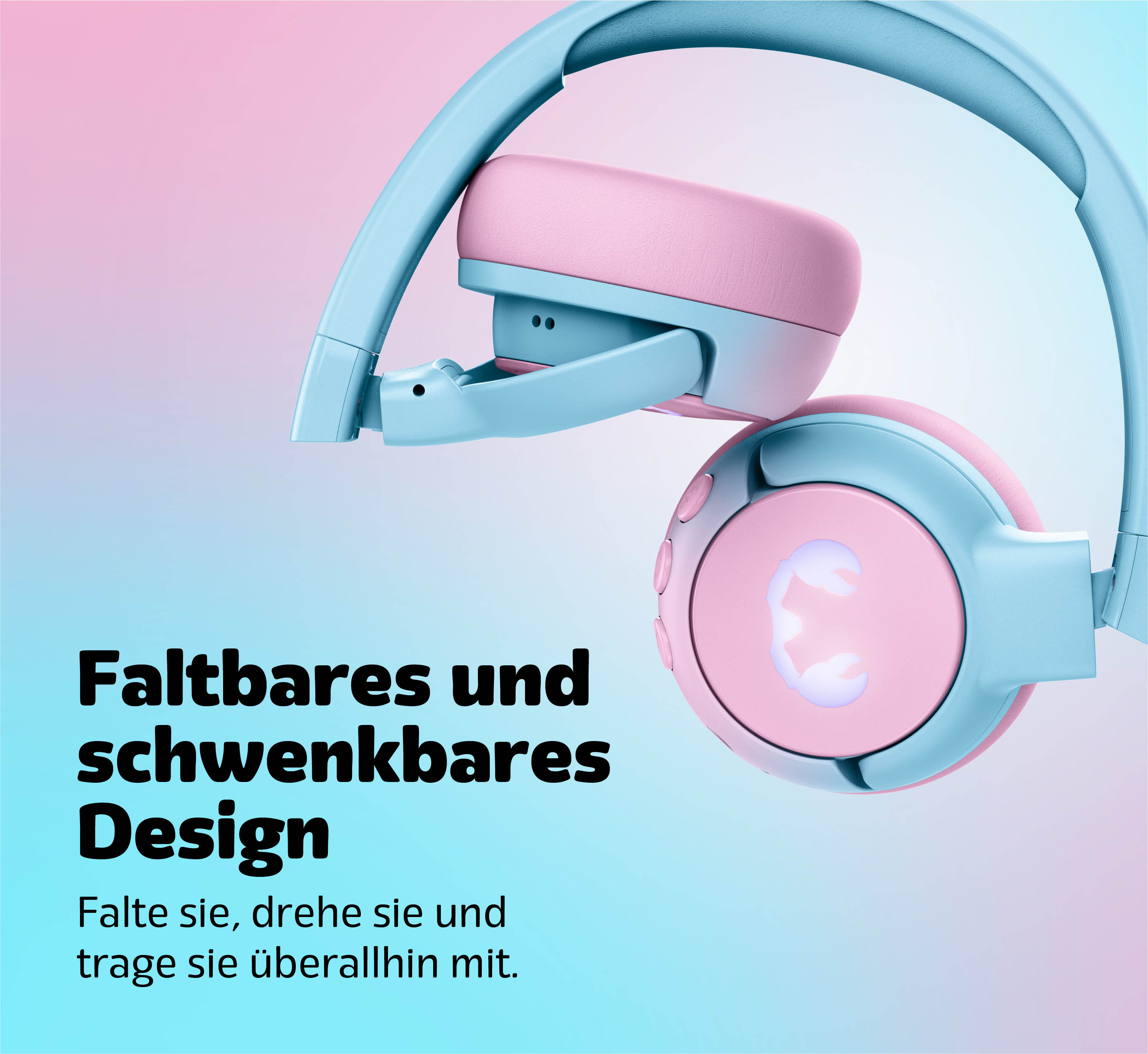 Cuffie azzurro e rosa con design pieghevole.
