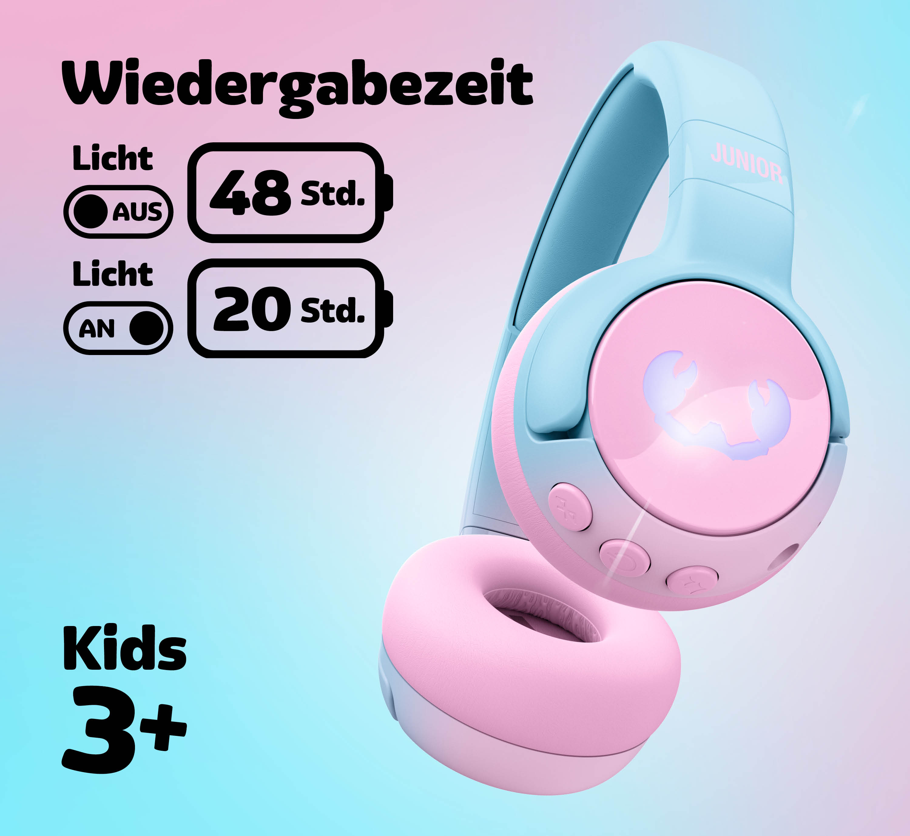 Cuffie blu e rosa per bambini che mostrano opzioni di tempo di riproduzione.
