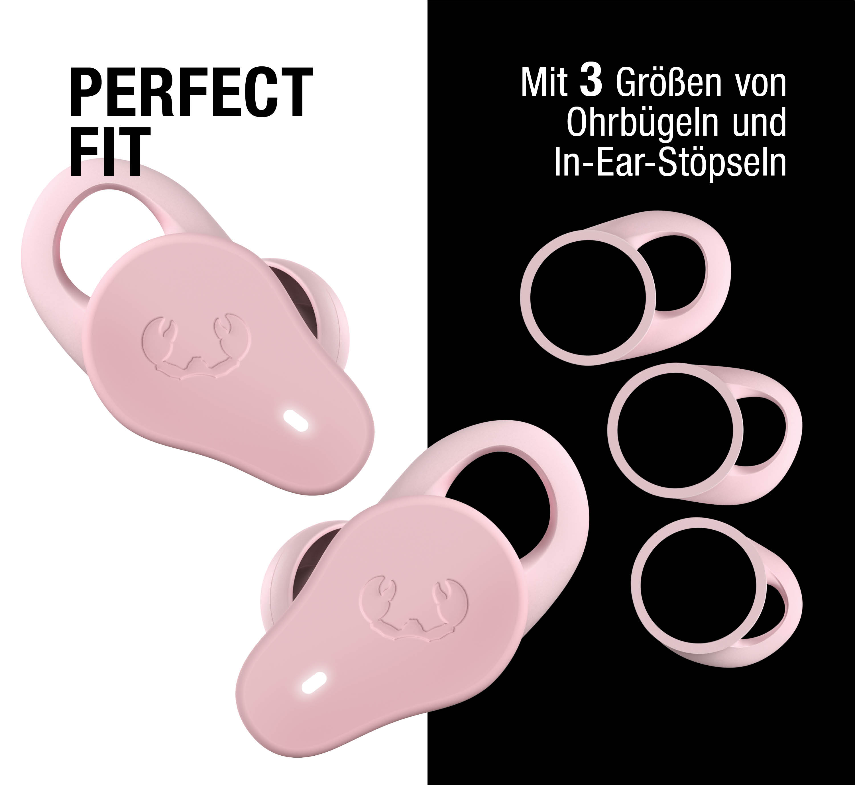 Rosa Ohrhörer mit Krabbenlogo neben Ohrstöpseln verschiedener Größen.