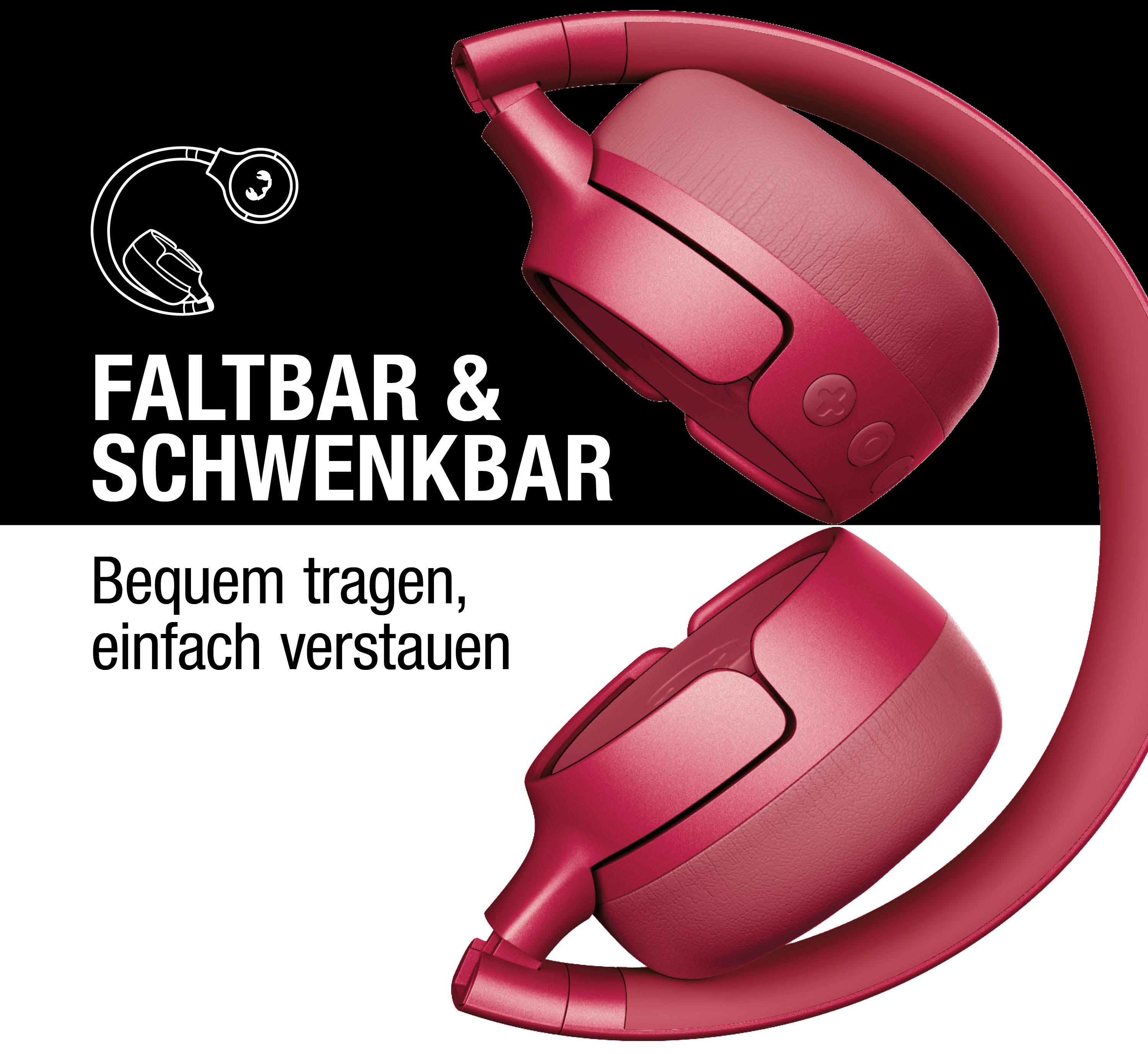 Rote Kopfhörer, faltbar und schwenkbar, für bequemes Tragen und Verstauen.