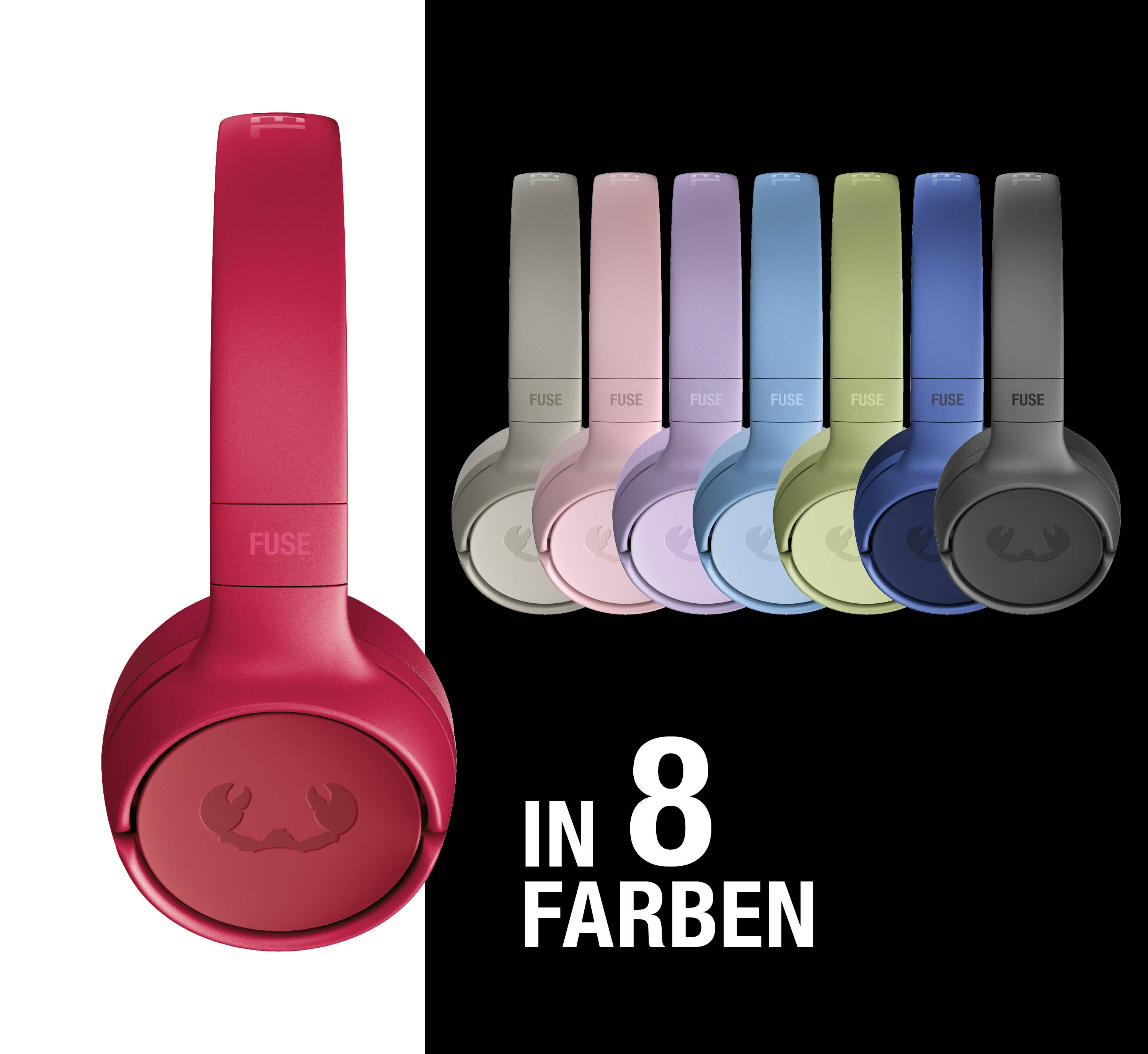 Ein roter Kopfhörer links, rechts daneben acht weitere Kopfhörer in verschiedenen Farben.