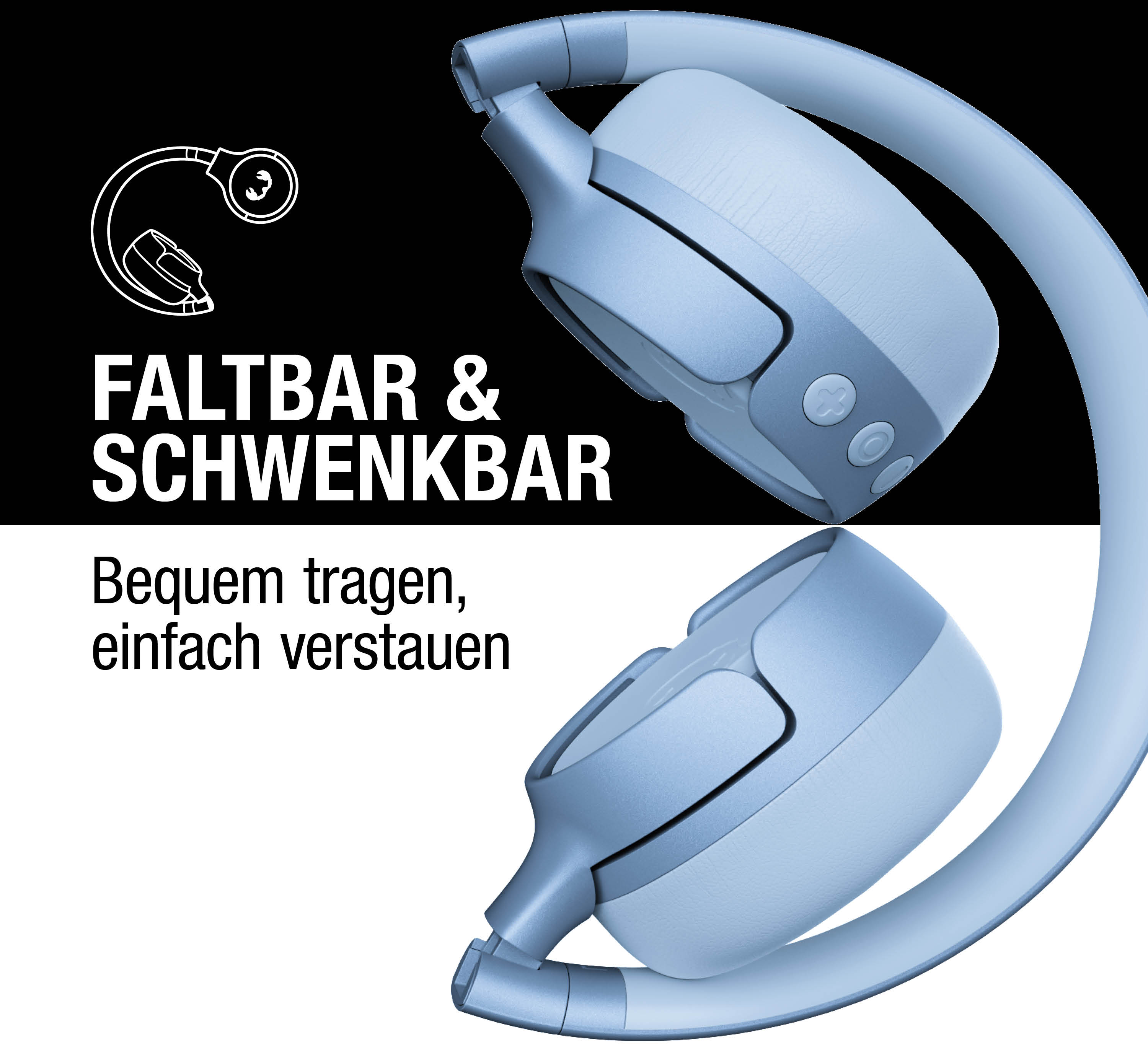 Hellblaue Kopfhörer, faltbar und schwenkbar, mit Text.