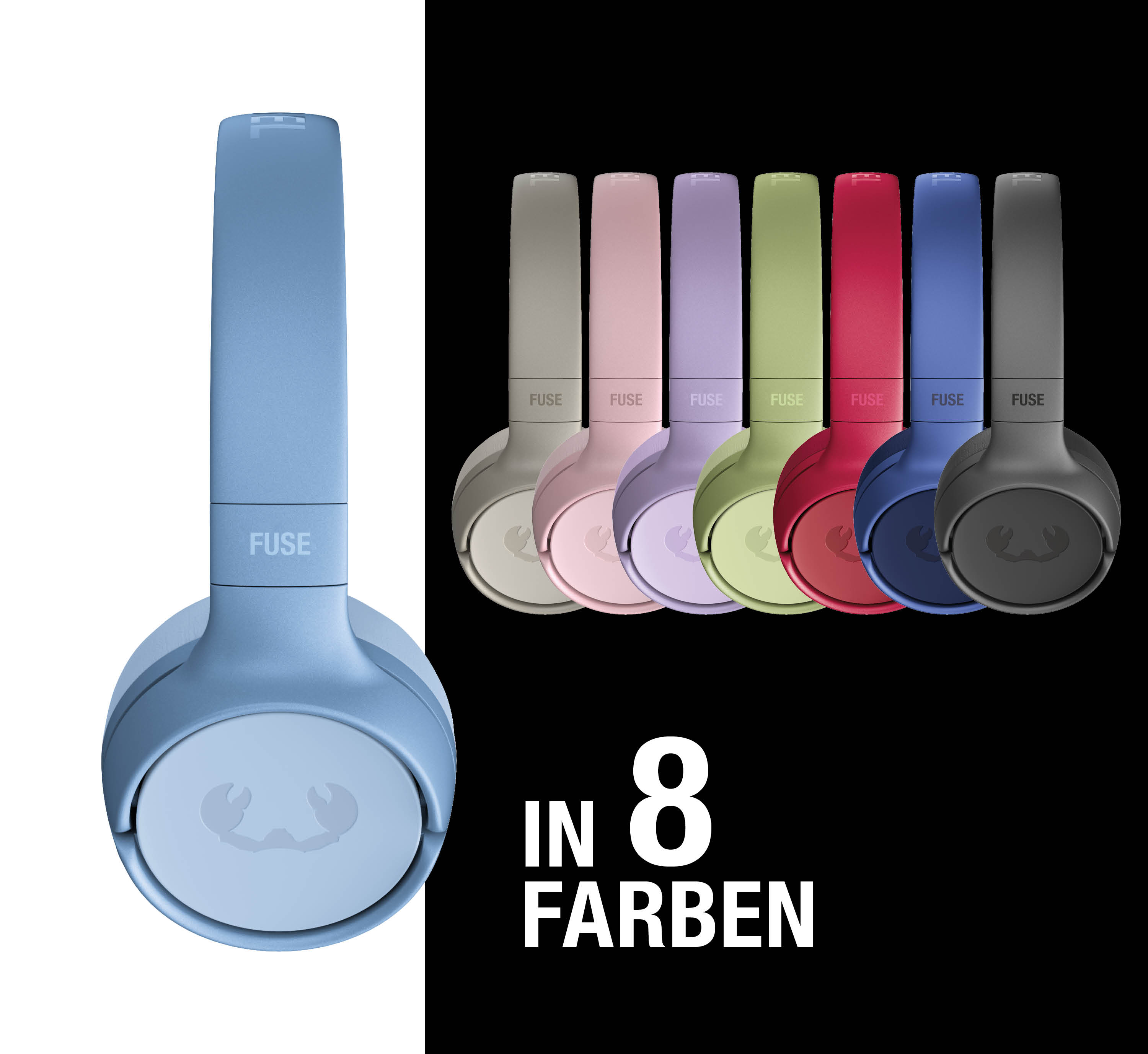 Kopfhörer in acht Farben, mit einem blauen auf der linken Seite.