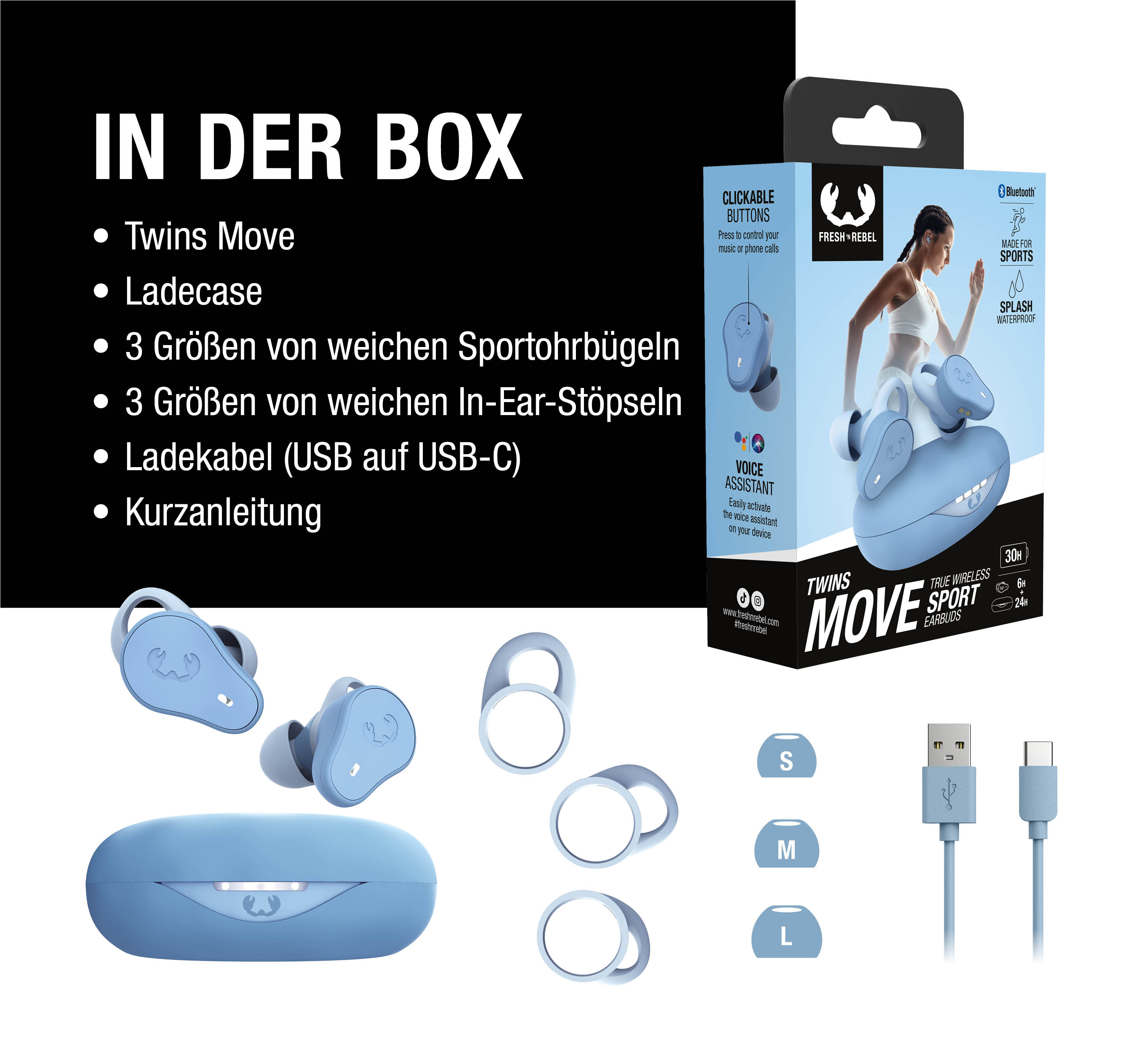 Blauer Ladecase mit Ohrhörern, Größen S, M, L und USB-C-Kabel.