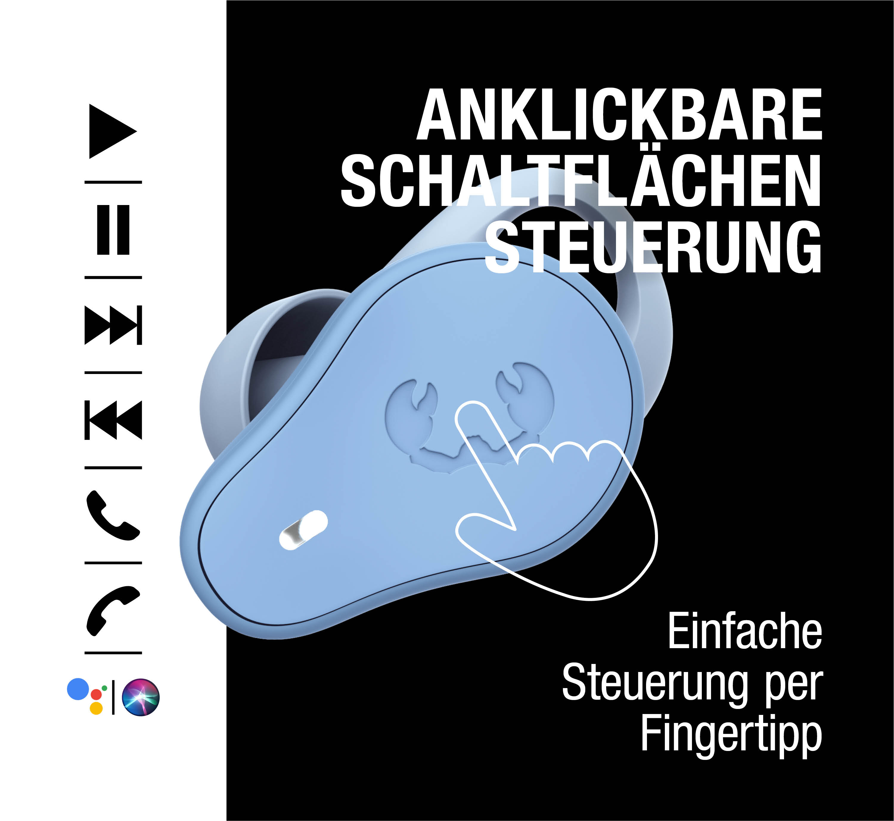 Blaue Ohrhörer mit Steuerungssymbolen und Text.