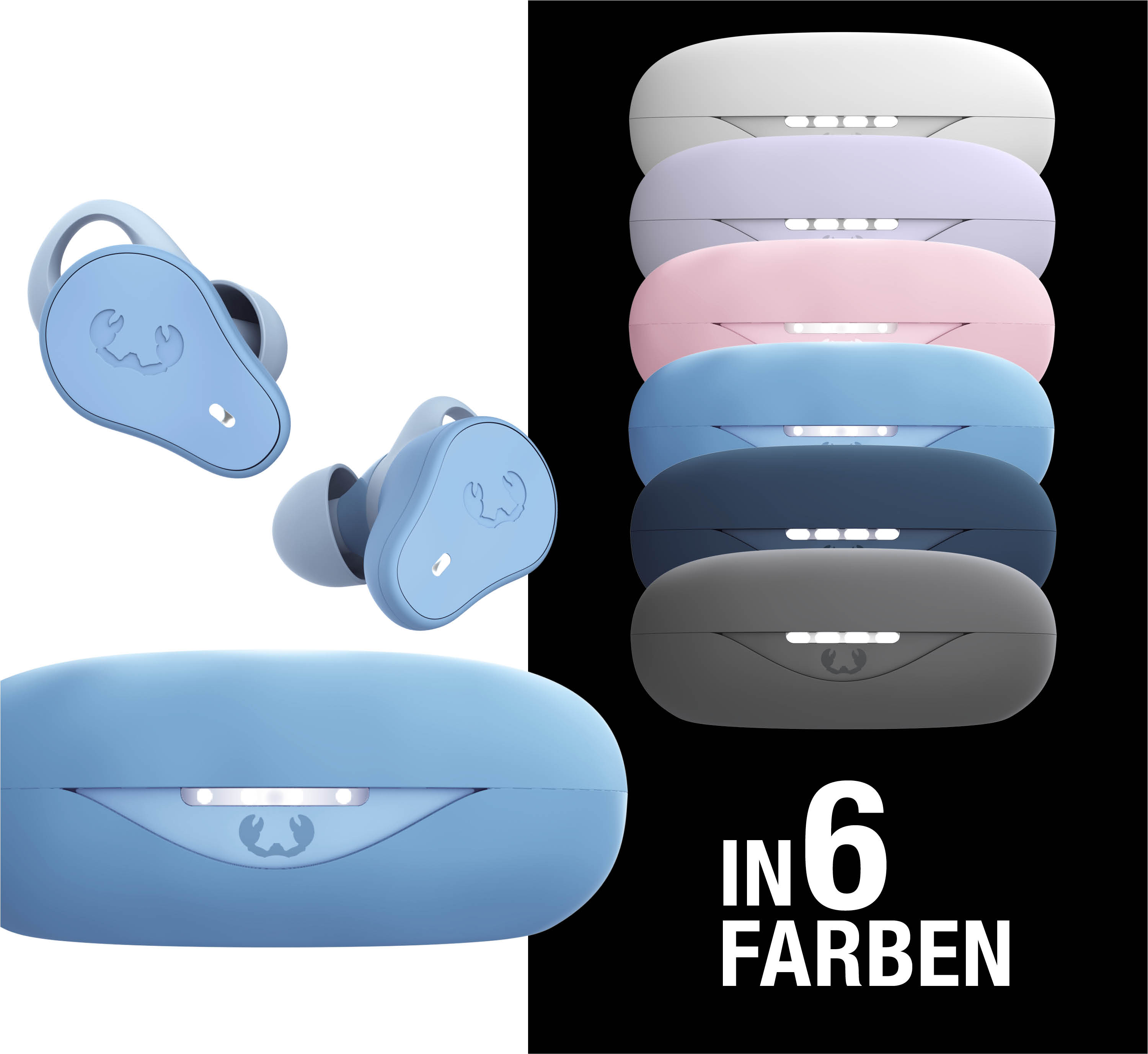 Blaue Kopfhörer und Ladeetuis in sechs Farben.