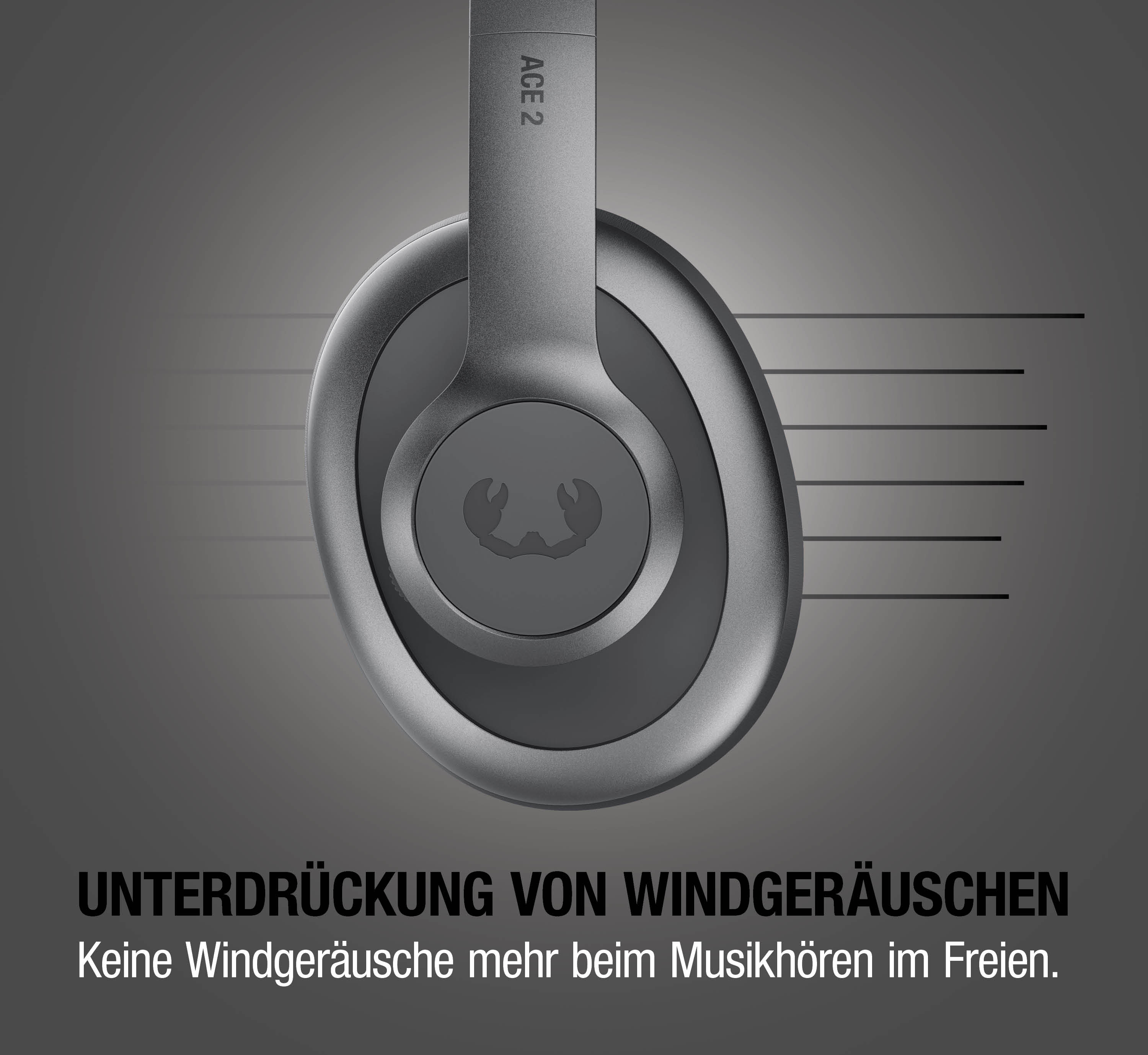 Graue Kopfhörer mit ACE 2 Logo und Windgeräuschunterdrückung.