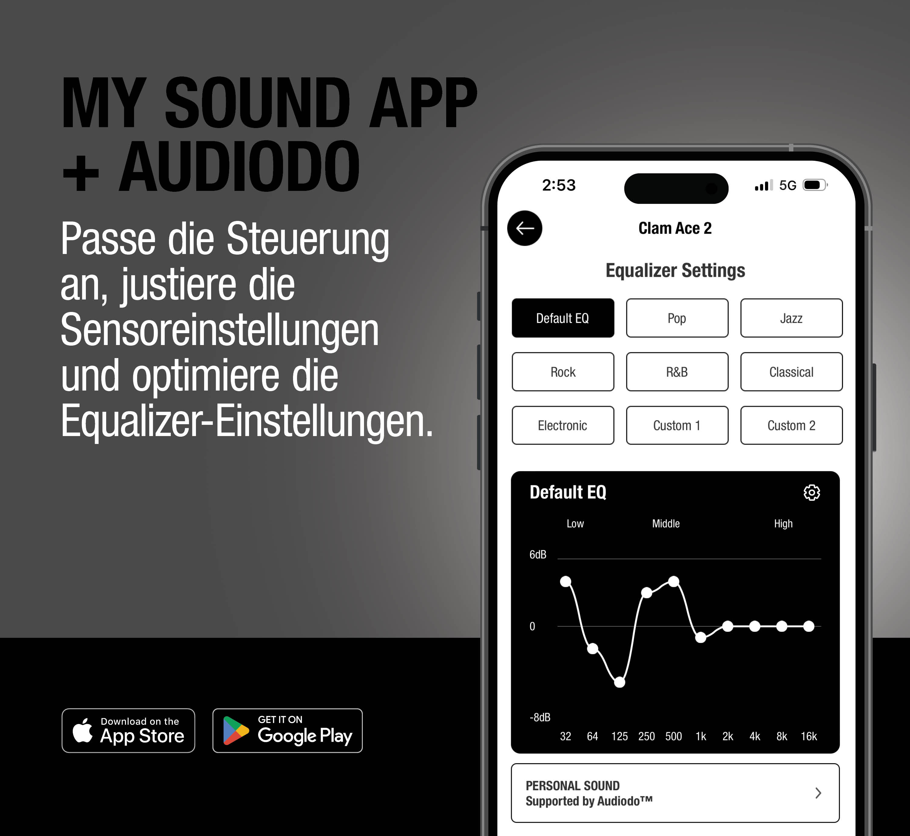 App-Bildschirm mit Equalizer-Einstellungen für Clam Ace 2 und Download-Buttons.